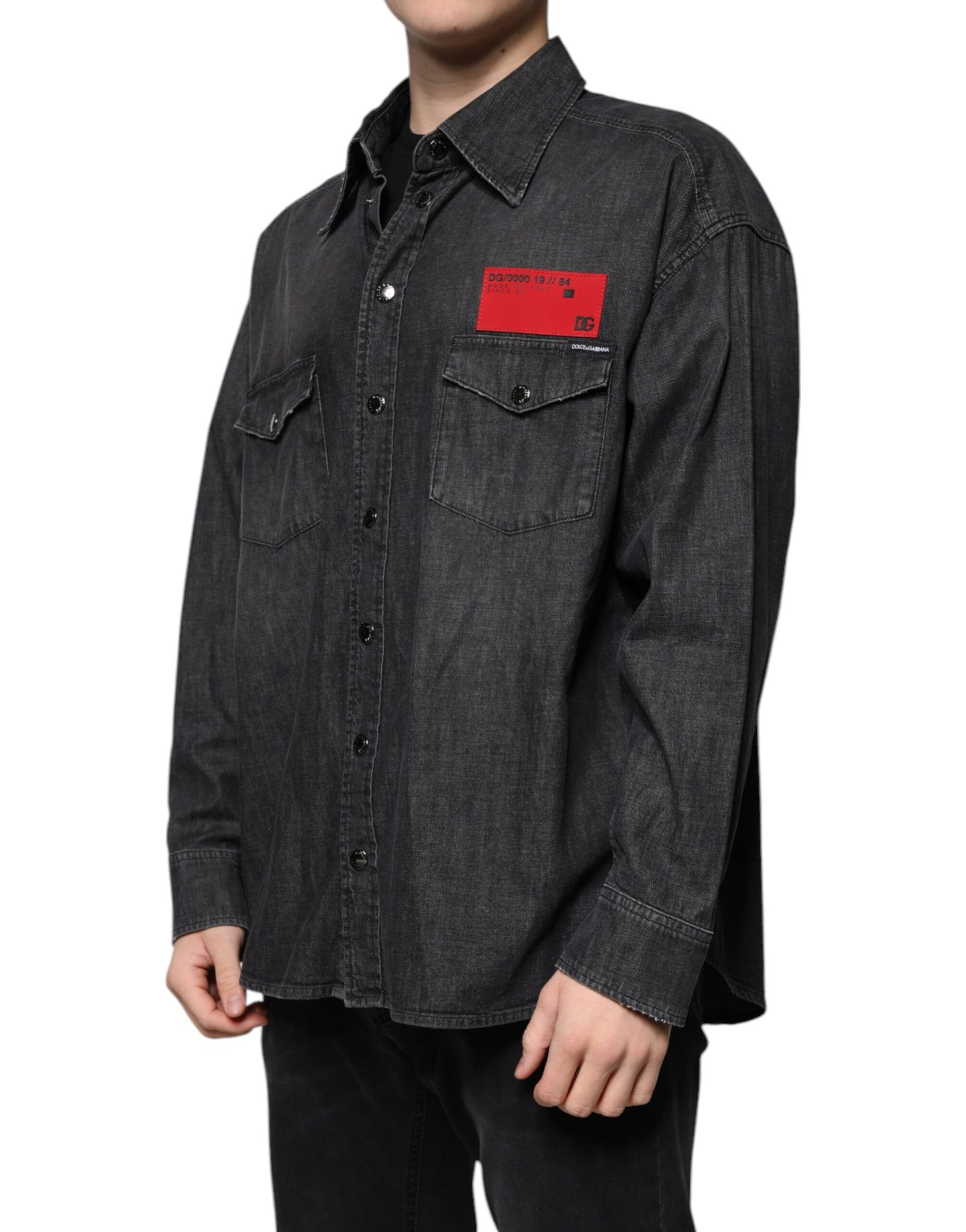 Schwarzes Button-Down-Jeanshemd aus Baumwolle mit Logo