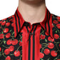 Schwarzes, kirschrotes Seidenhemd mit Button-Down-Kragen