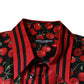 Schwarzes, kirschrotes Seidenhemd mit Button-Down-Kragen