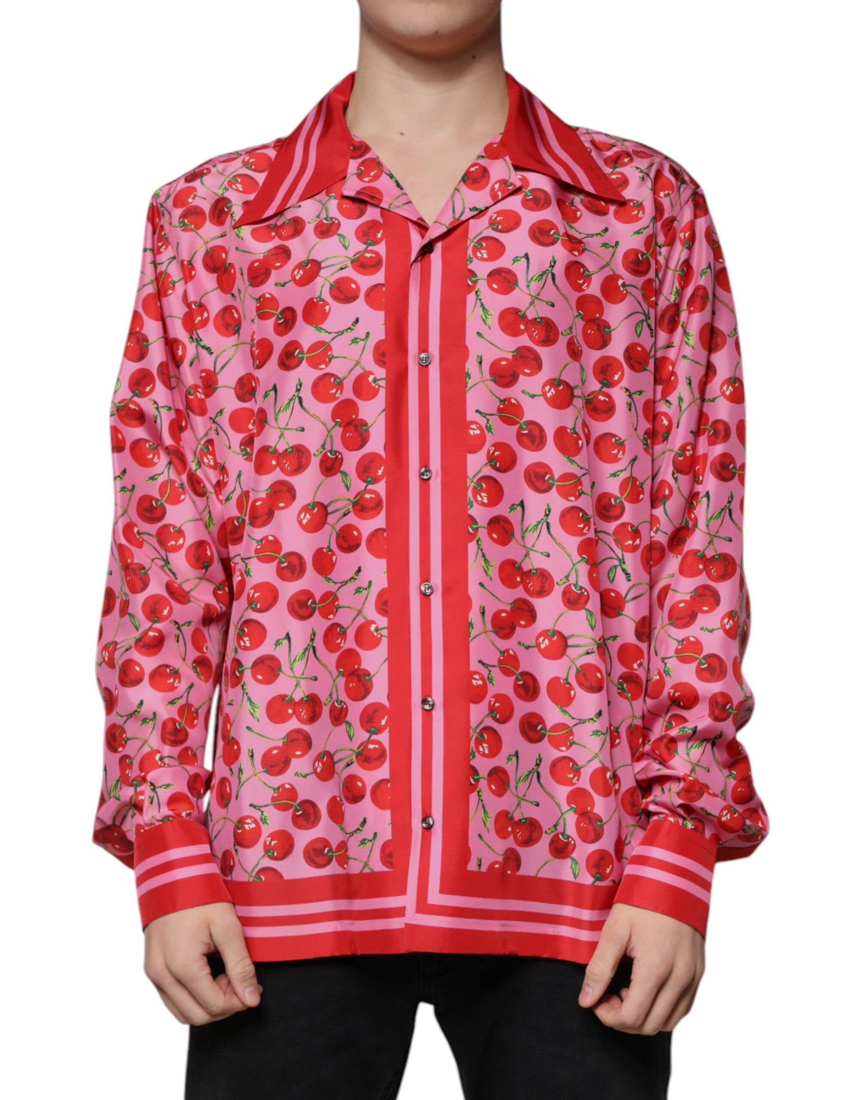 Camicia casual con bottoni in seta rosa ciliegia