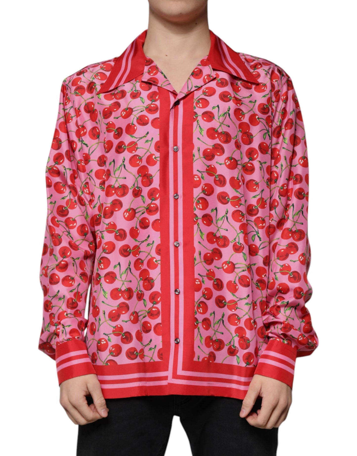 Camicia casual con bottoni in seta rosa ciliegia