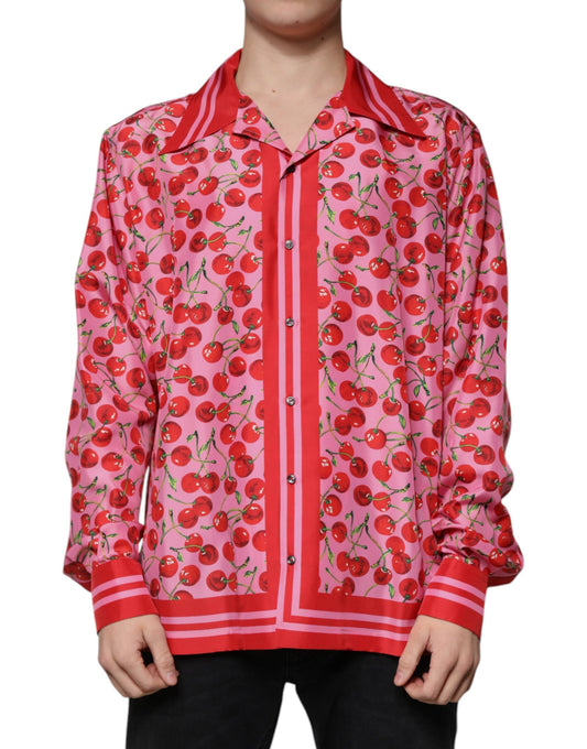 Camicia casual con bottoni in seta rosa ciliegia