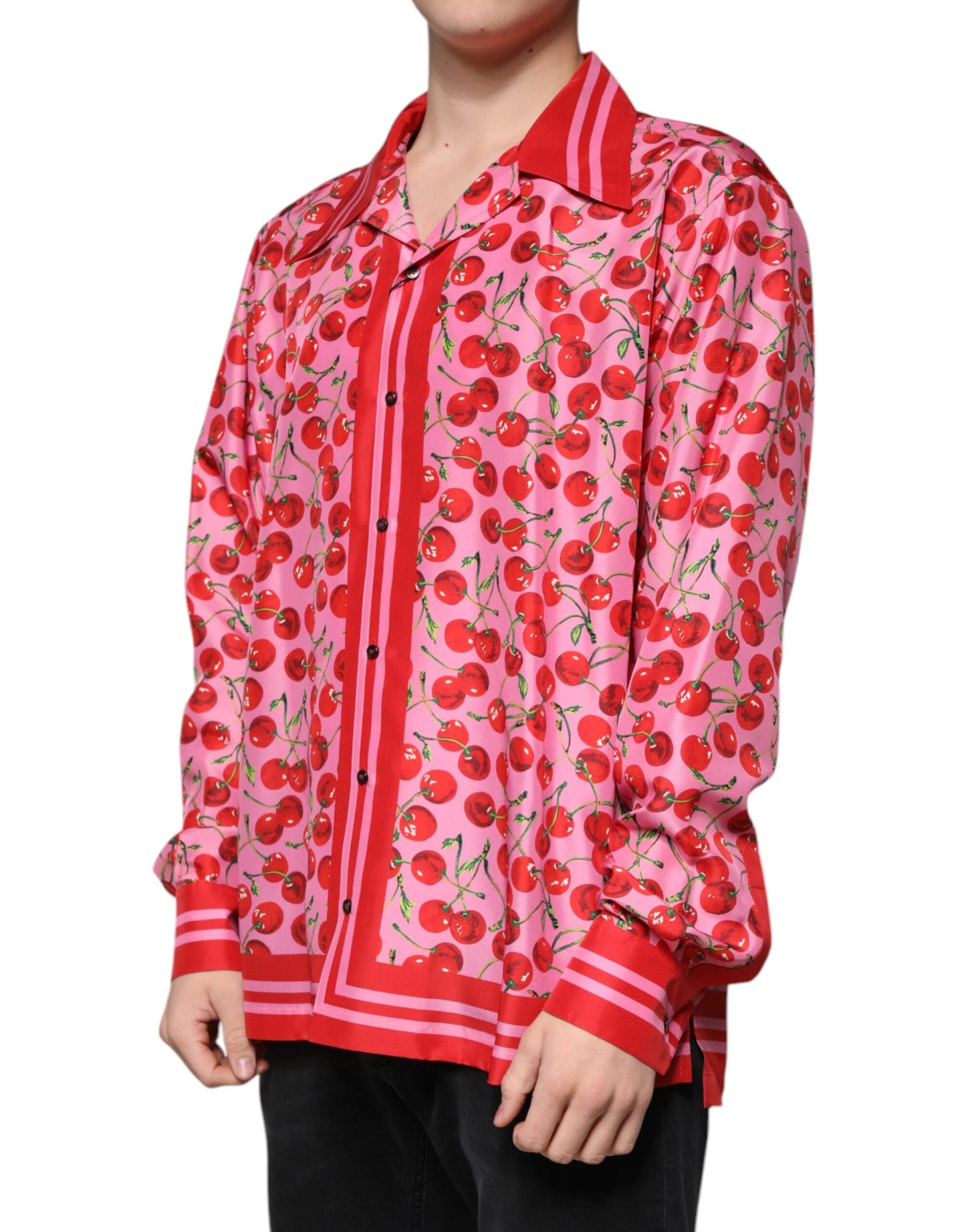 Camicia casual con bottoni in seta rosa ciliegia