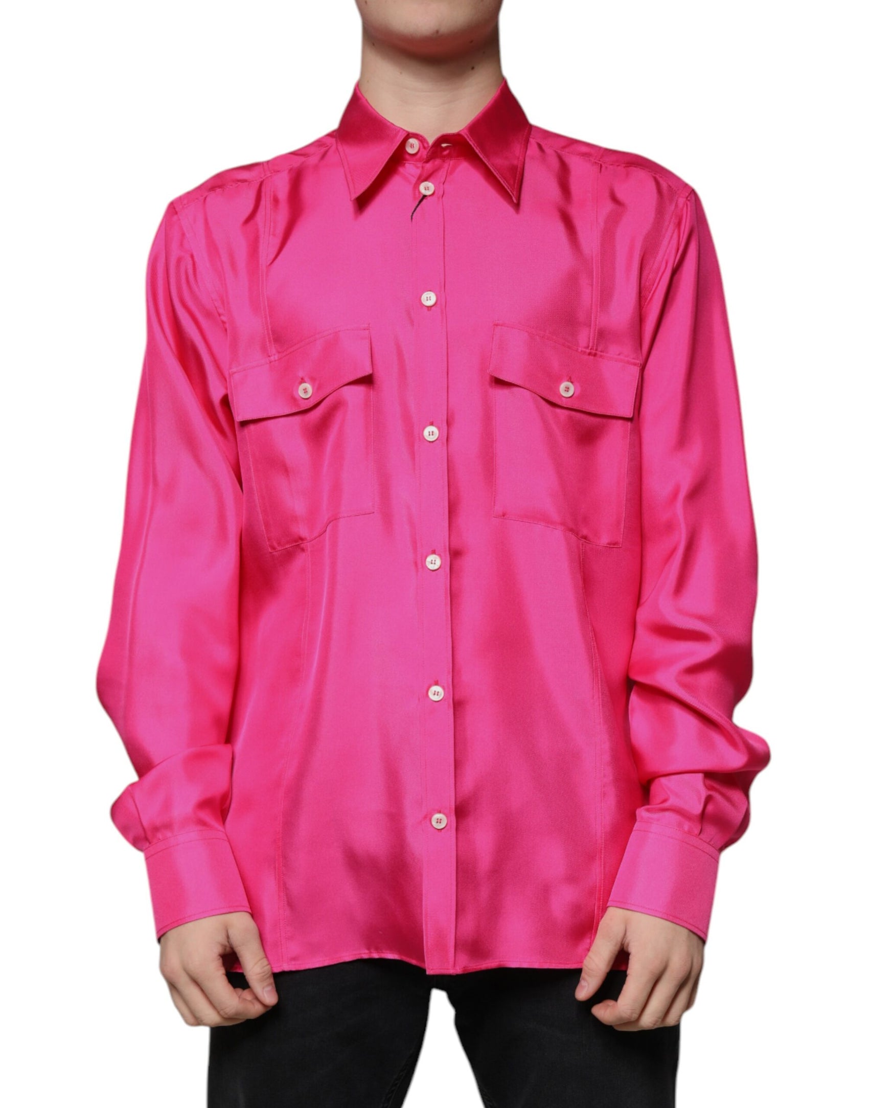 Rosa Herrenhemd mit Button-Down-Kragen aus Seide