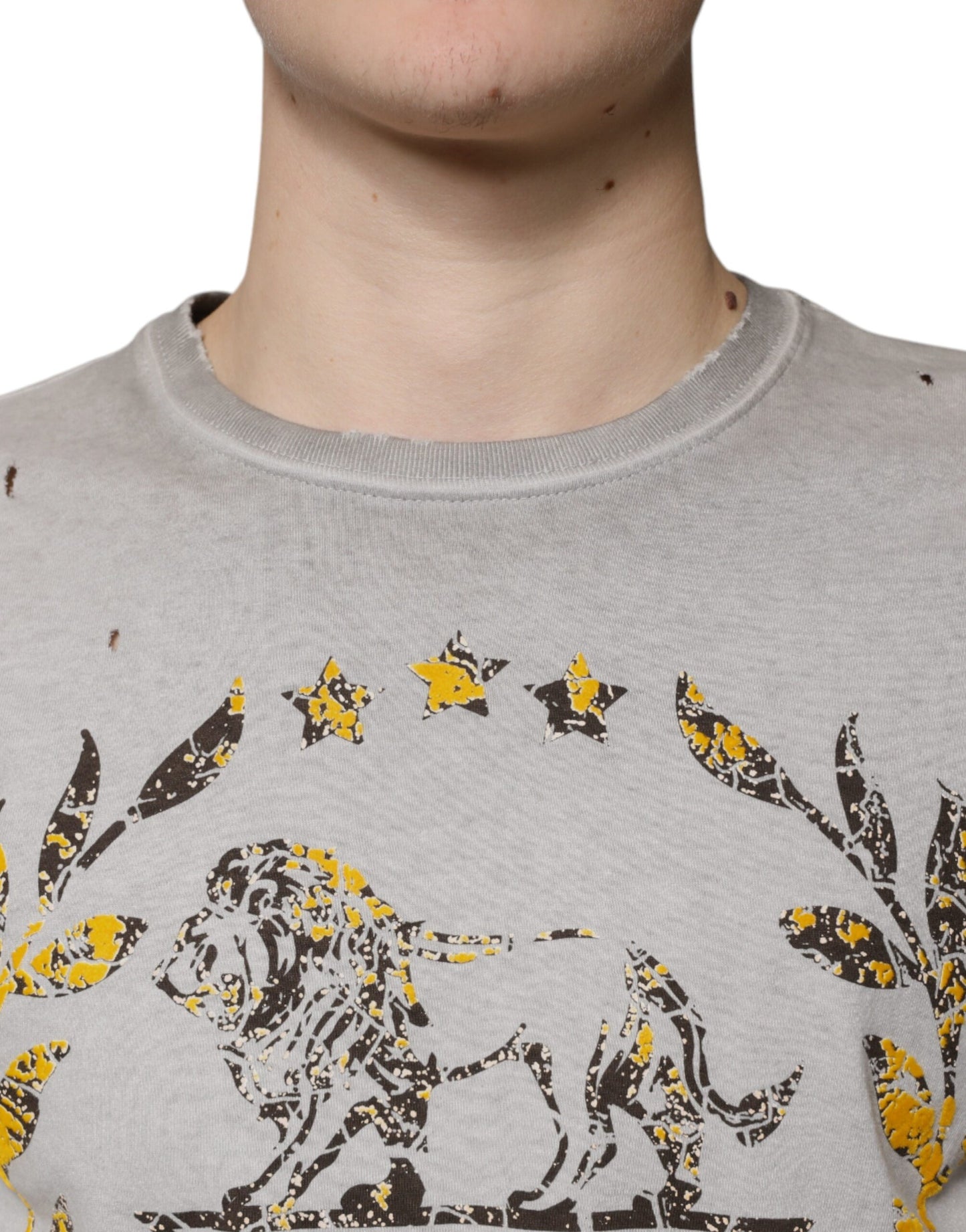 Grauer Pullover mit Rundhalsausschnitt aus bedruckter Baumwolle