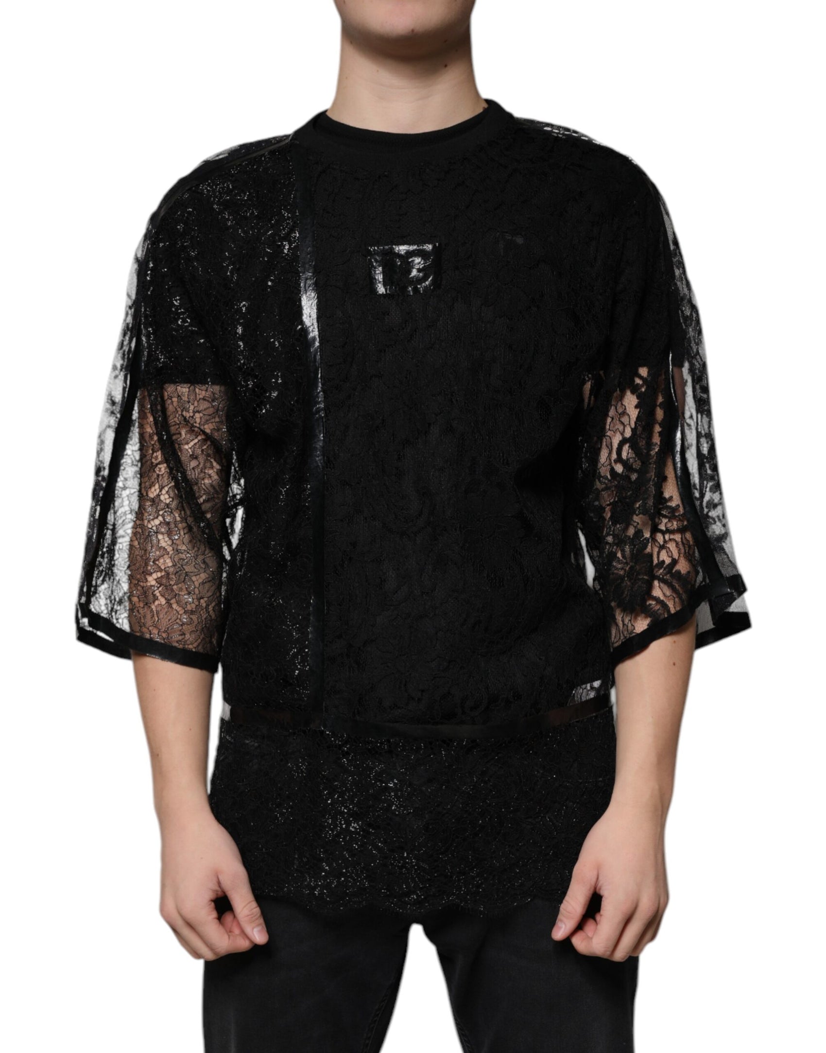 Schwarzes Nylon-T-Shirt mit Blumenspitze und Rundhalsausschnitt