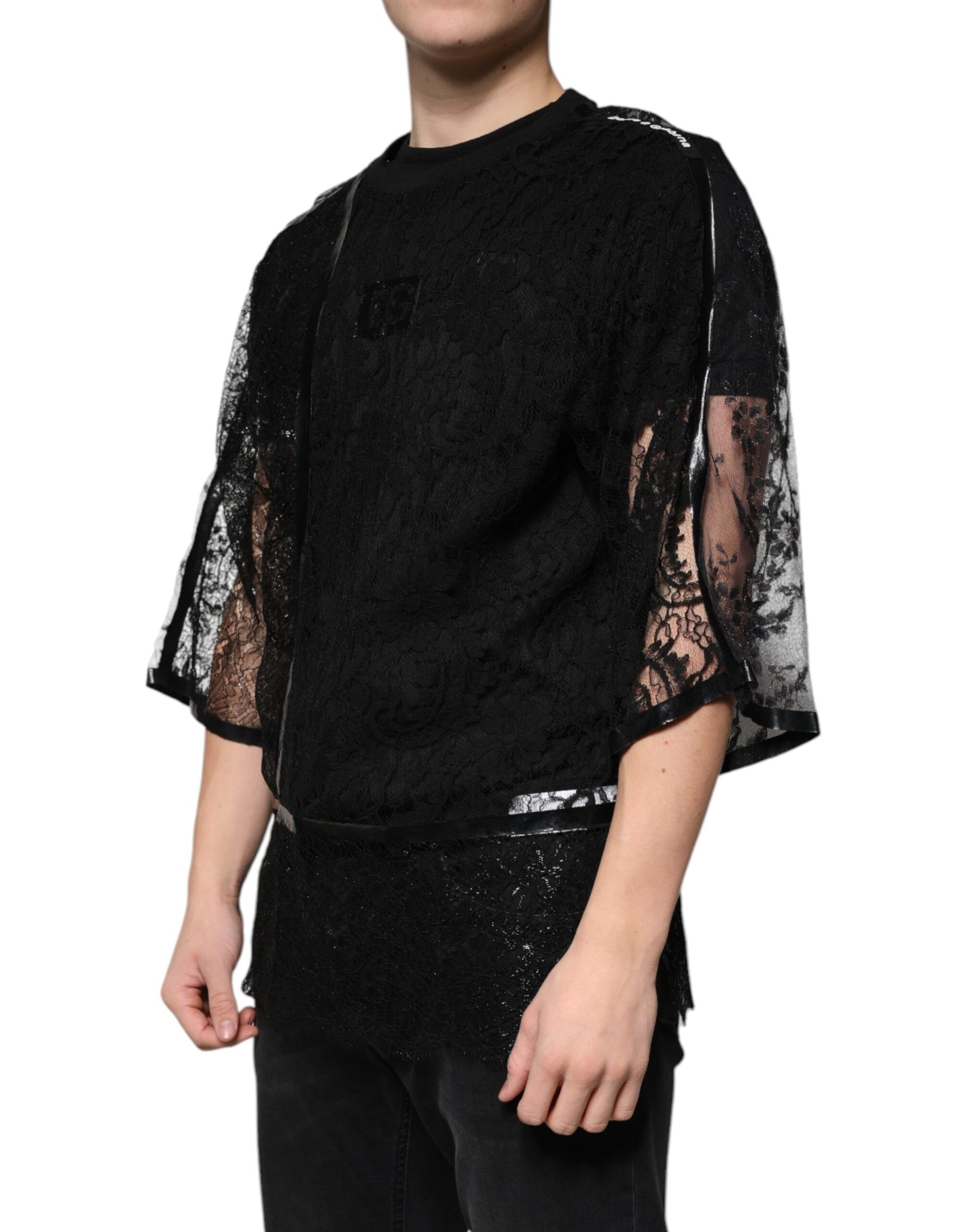 Schwarzes Nylon-T-Shirt mit Blumenspitze und Rundhalsausschnitt