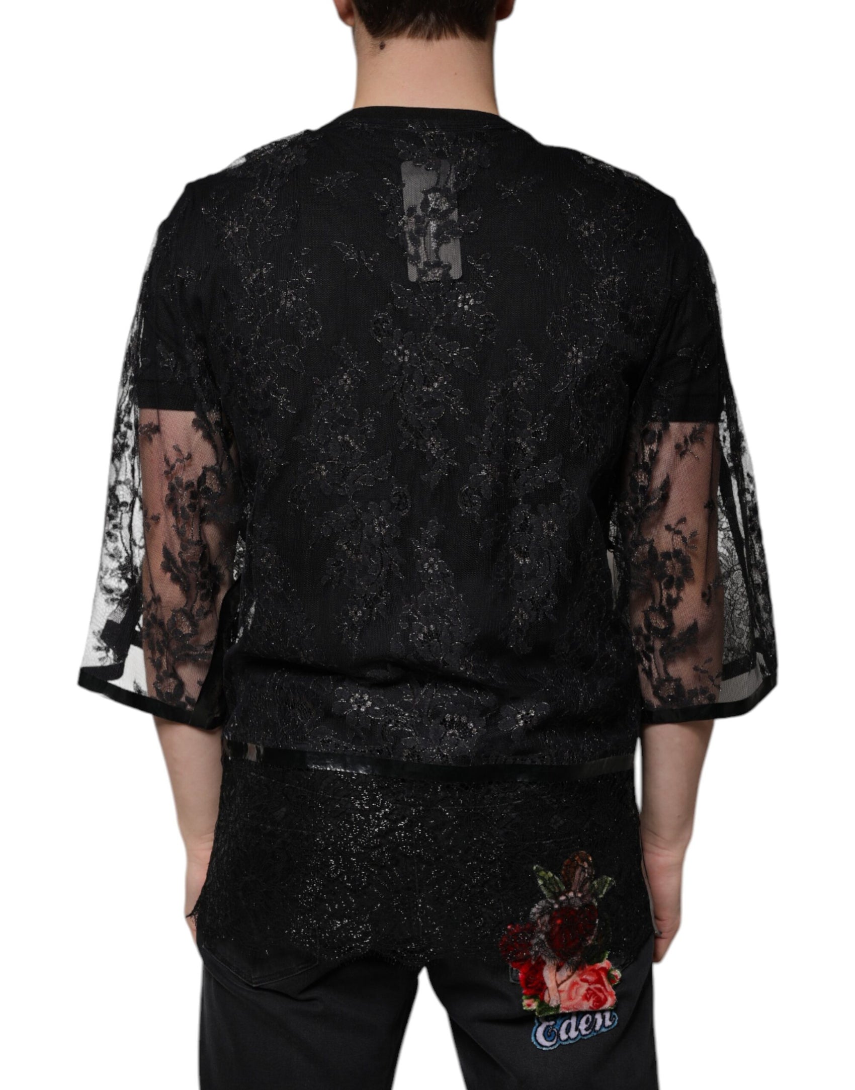 Schwarzes Nylon-T-Shirt mit Blumenspitze und Rundhalsausschnitt