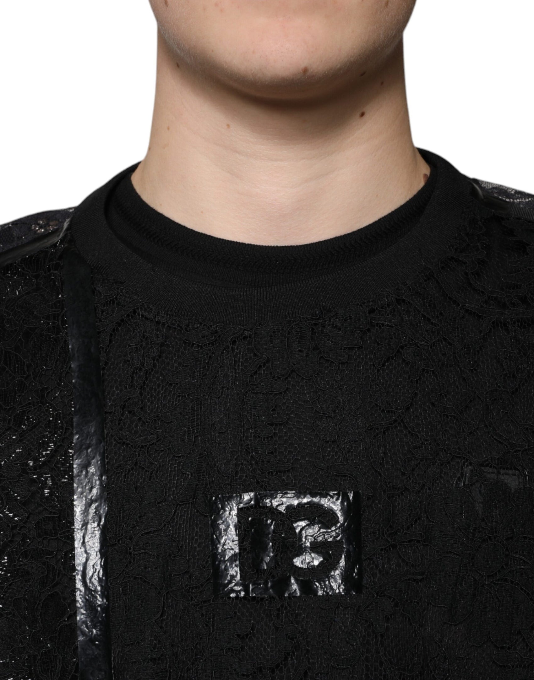 Schwarzes Nylon-T-Shirt mit Blumenspitze und Rundhalsausschnitt