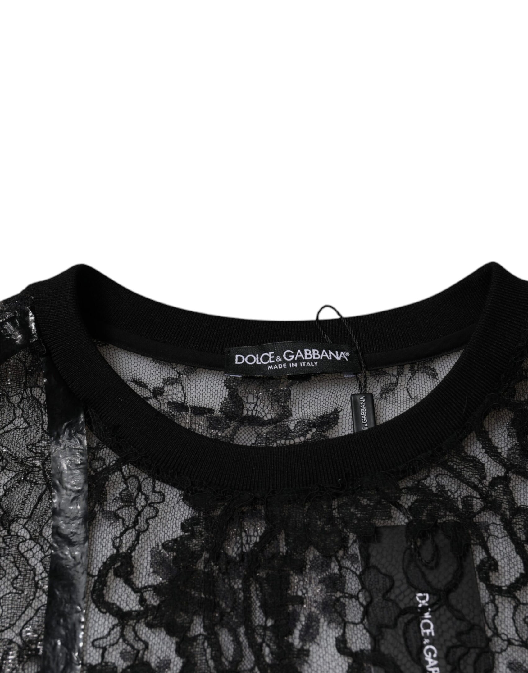 Schwarzes Nylon-T-Shirt mit Blumenspitze und Rundhalsausschnitt