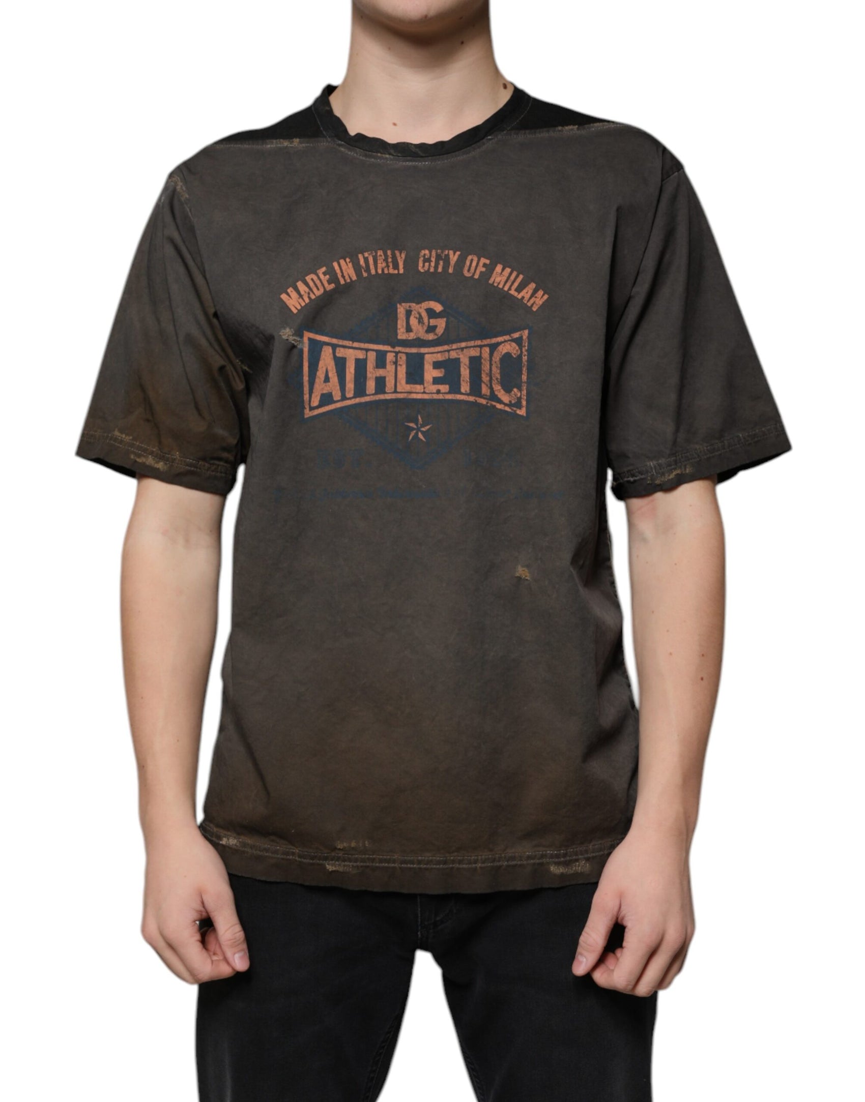 Braunes Rundhals-T-Shirt aus Baumwolle mit Grafikdruck