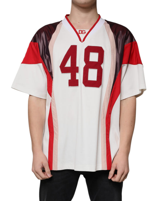 T-shirt in jersey di cotone con scollo a V e logo multicolore