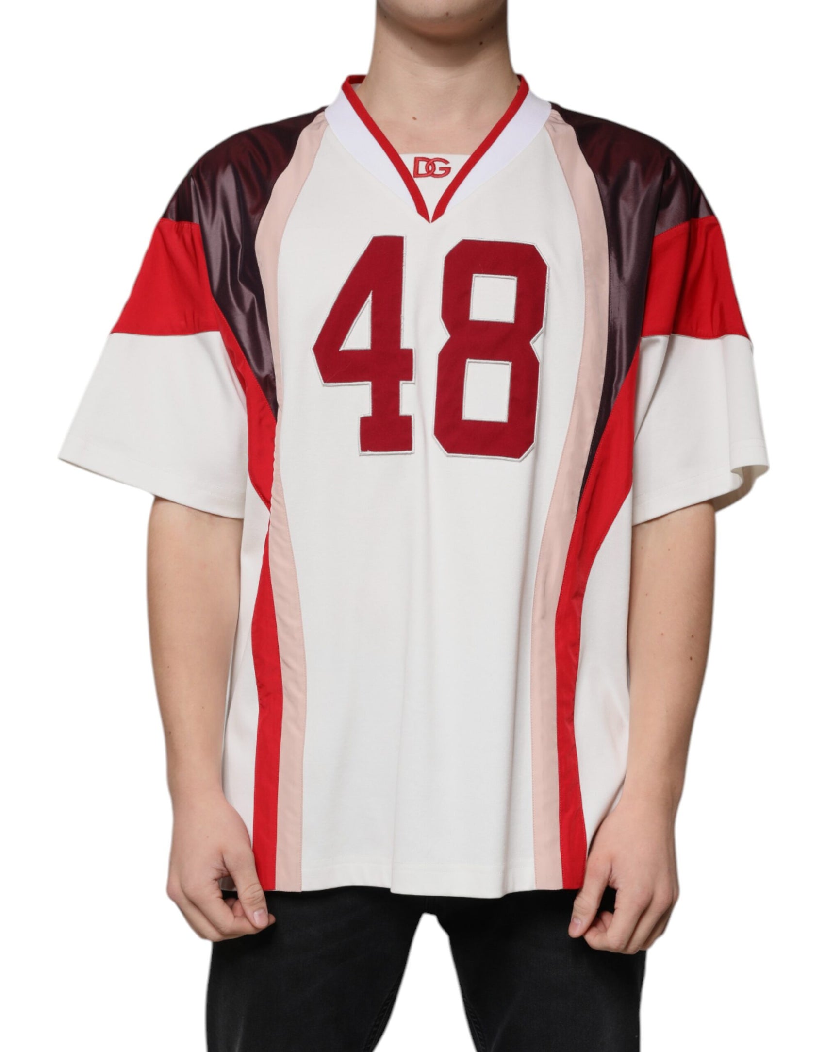 T-shirt in jersey di cotone con scollo a V e logo multicolore