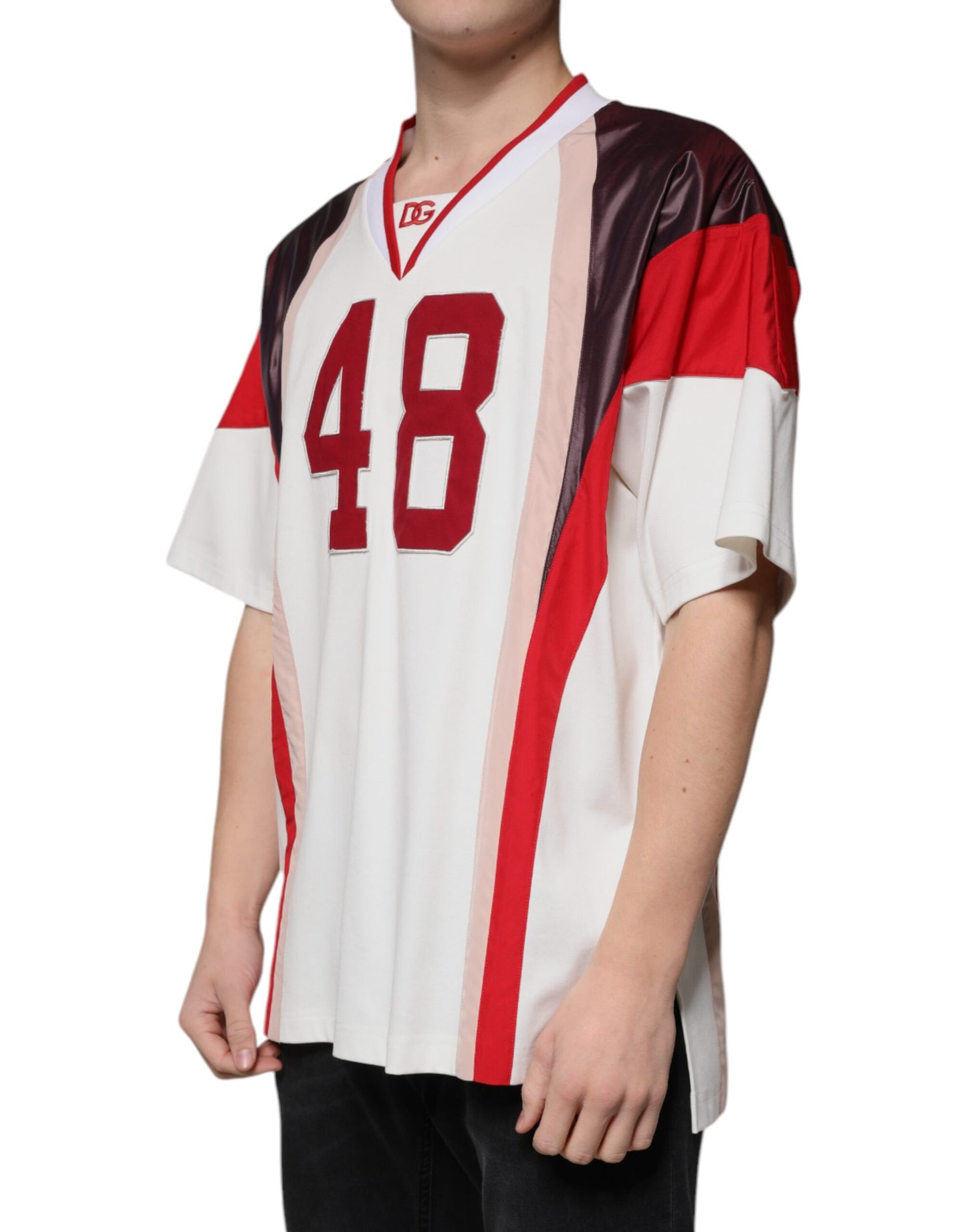 T-shirt in jersey di cotone con scollo a V e logo multicolore