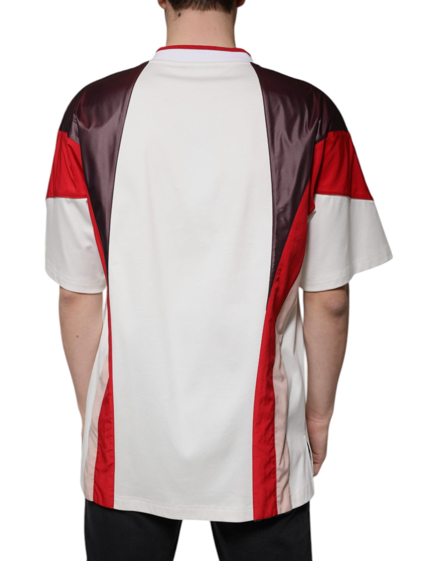 T-shirt in jersey di cotone con scollo a V e logo multicolore