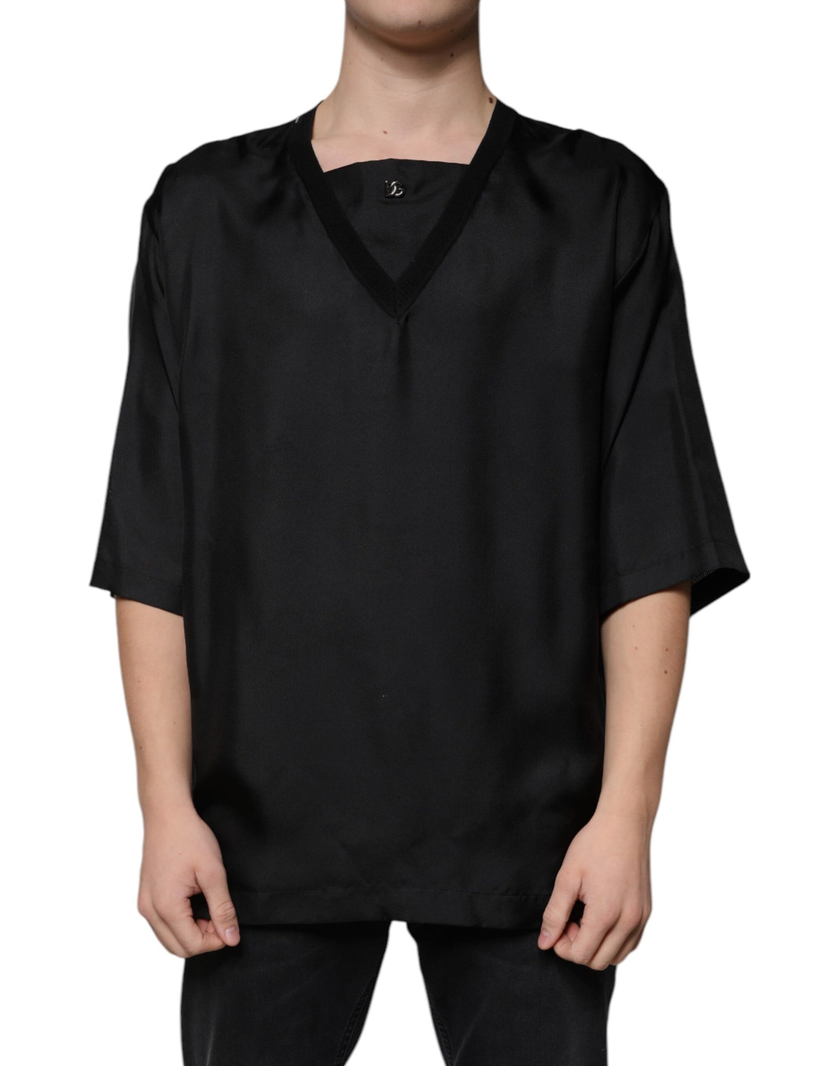 Schwarzes Kurzarm-T-Shirt aus Baumwolle mit quadratischem Ausschnitt