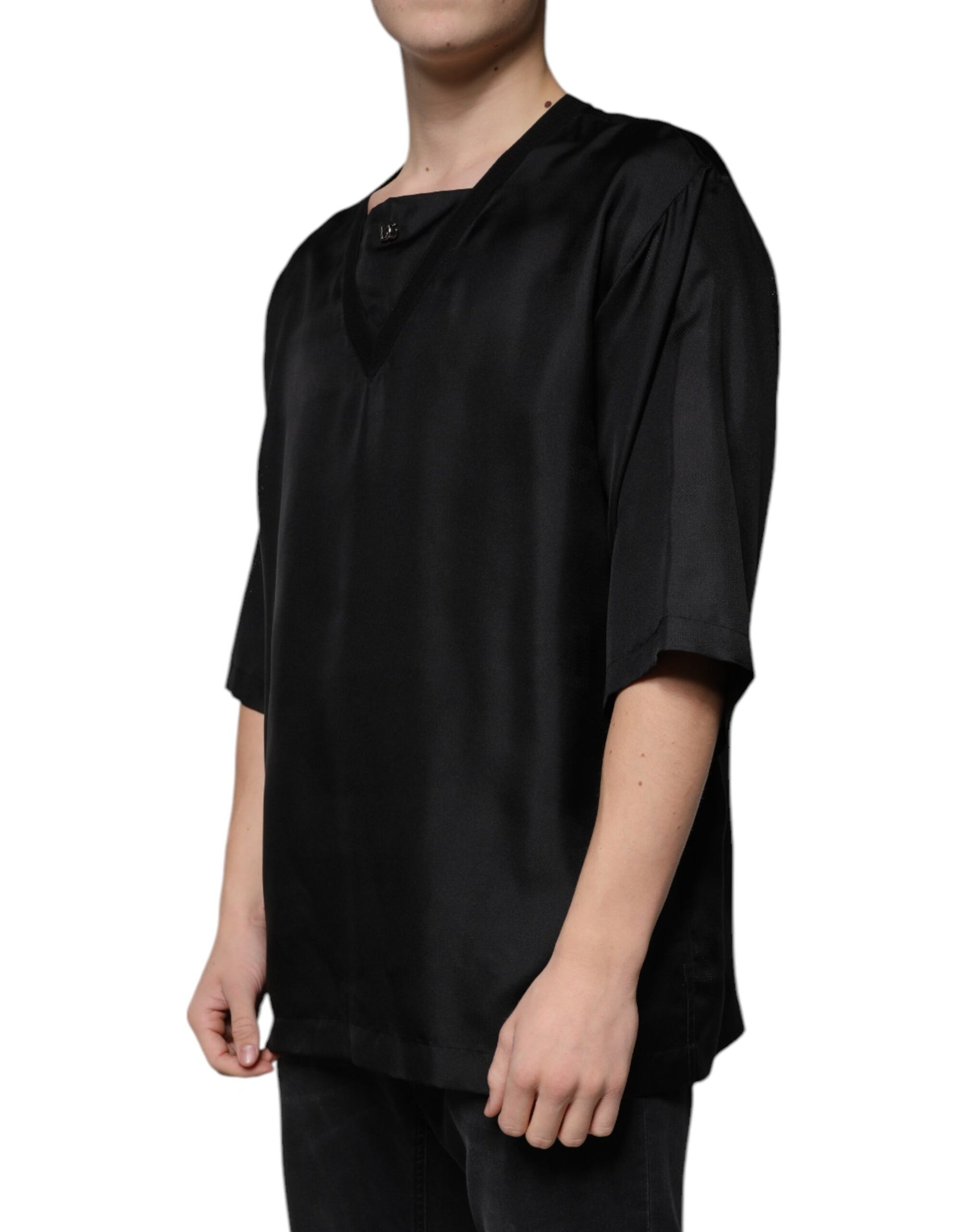 Schwarzes Kurzarm-T-Shirt aus Baumwolle mit quadratischem Ausschnitt