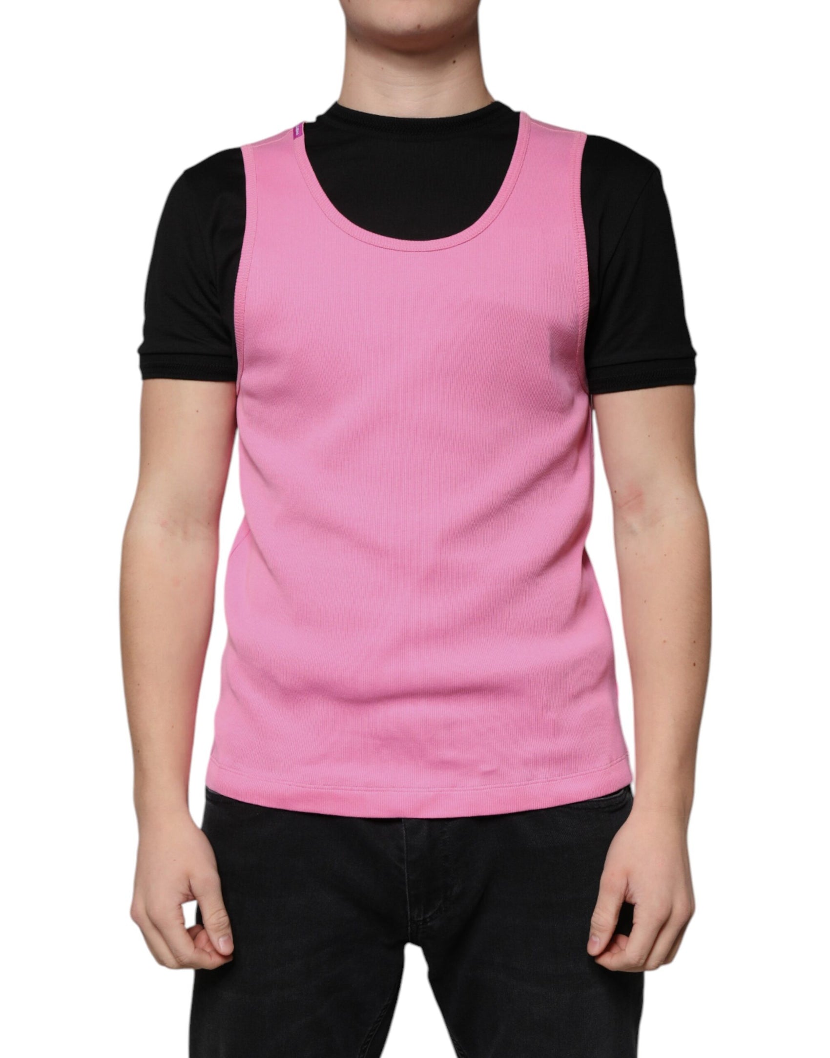 T-shirt senza maniche in cotone rosa con scollo rotondo