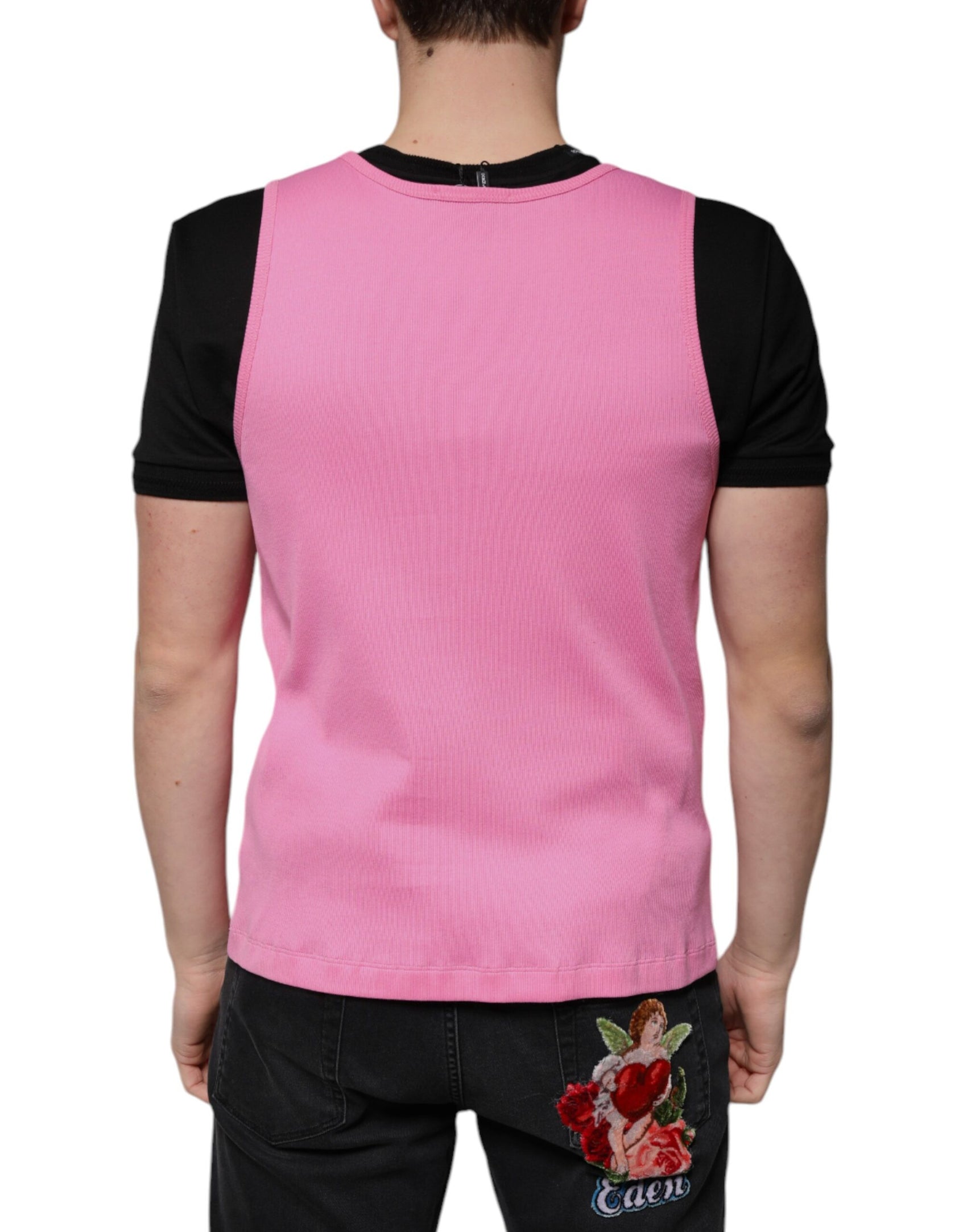 T-shirt senza maniche in cotone rosa con scollo rotondo