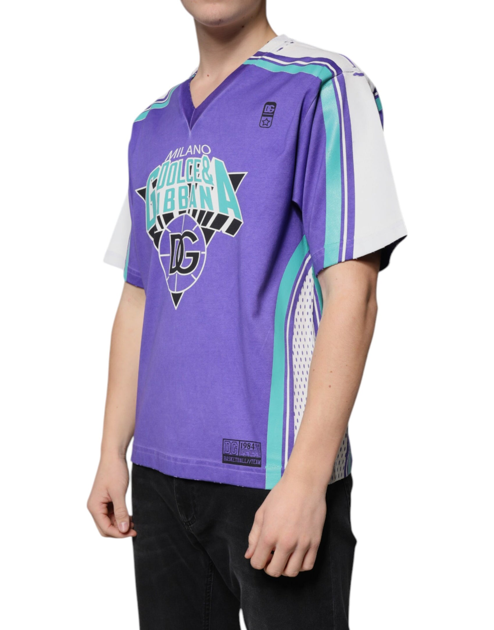 T-shirt in jersey di cotone con scollo a V e logo viola