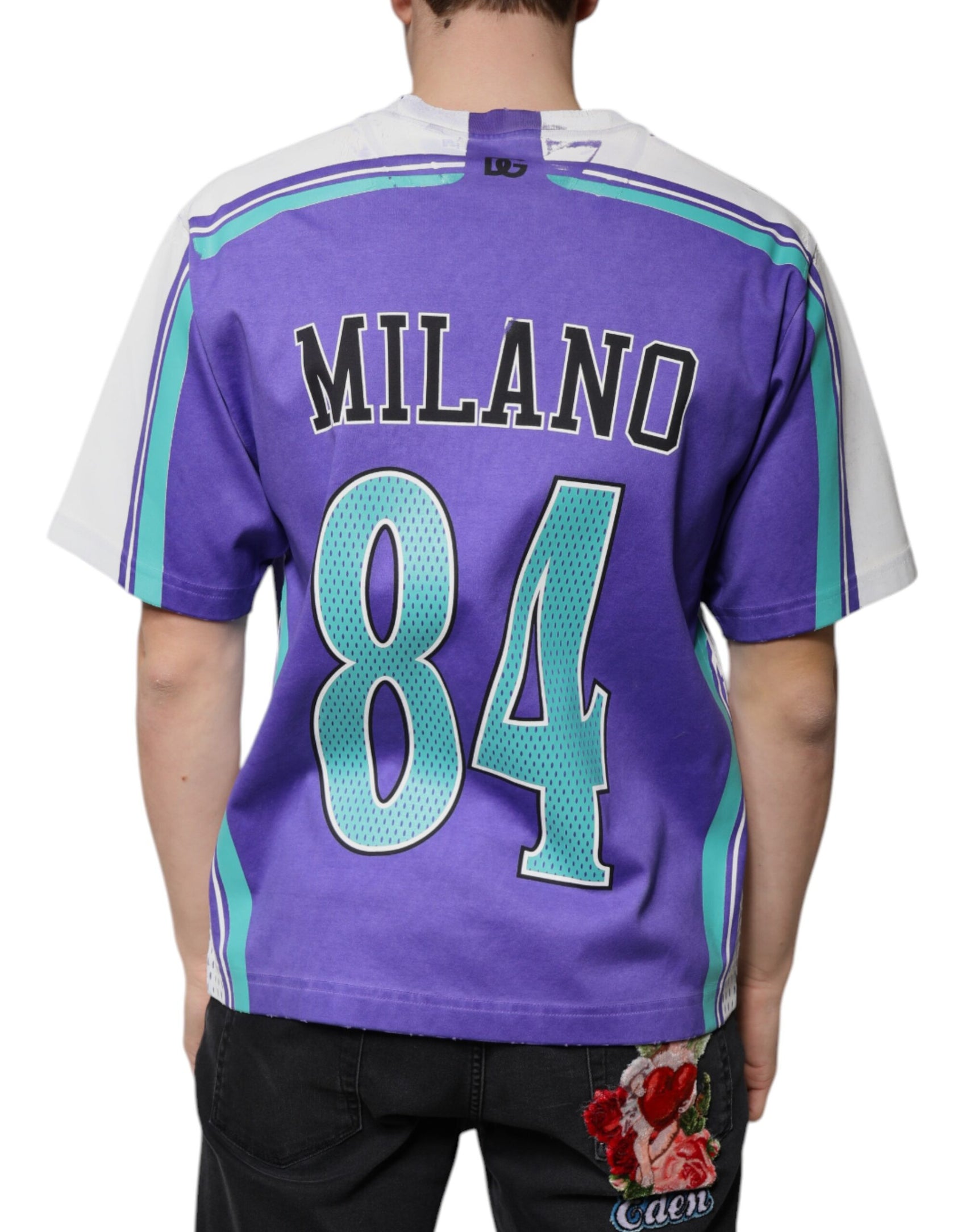 T-shirt in jersey di cotone con scollo a V e logo viola