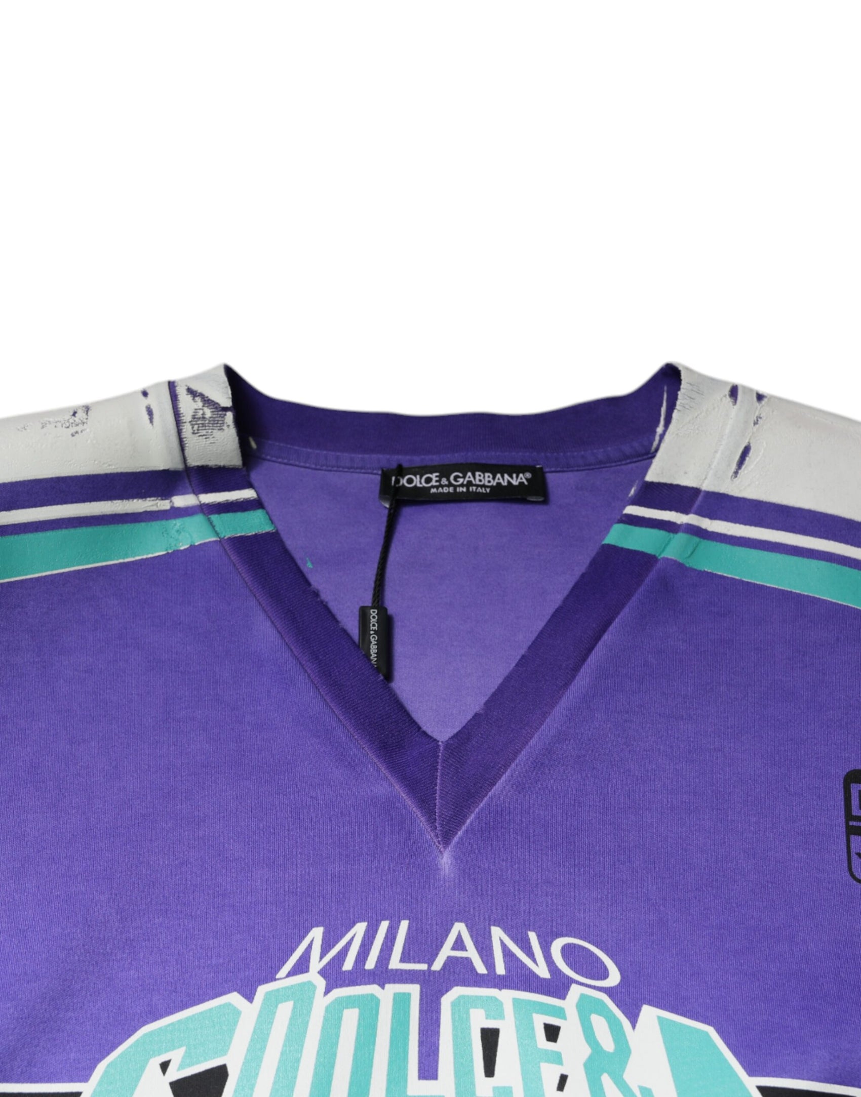 T-shirt in jersey di cotone con scollo a V e logo viola