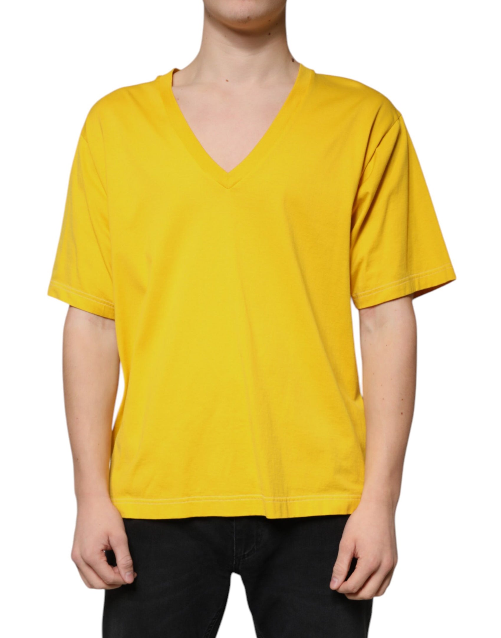T-shirt gialla in cotone con scollo a V e maniche corte