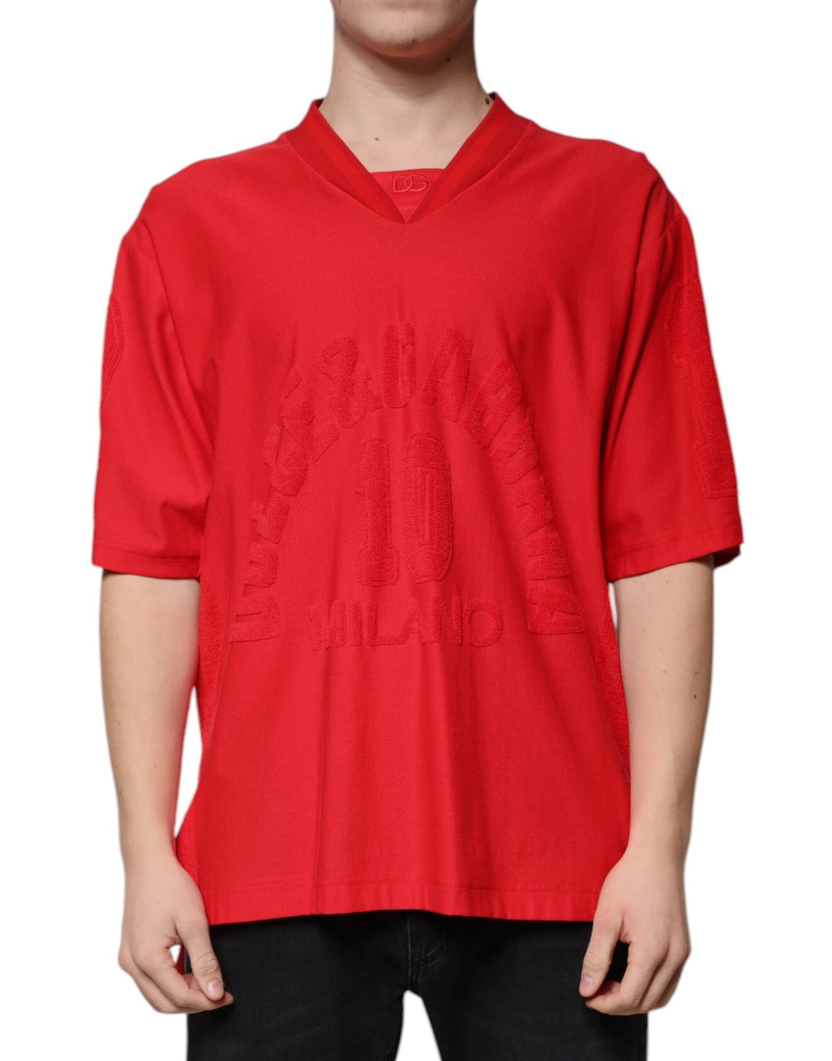 T-shirt rossa in cotone con scollo a V e maniche corte