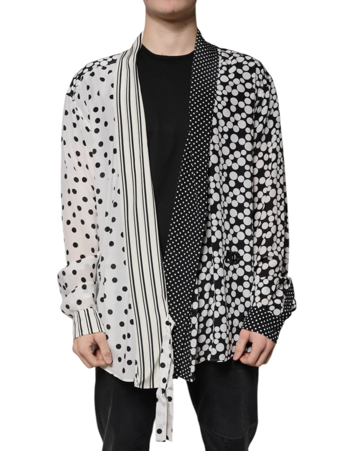Schwarz-weißes Polka Dots Seidenhemd für Herren