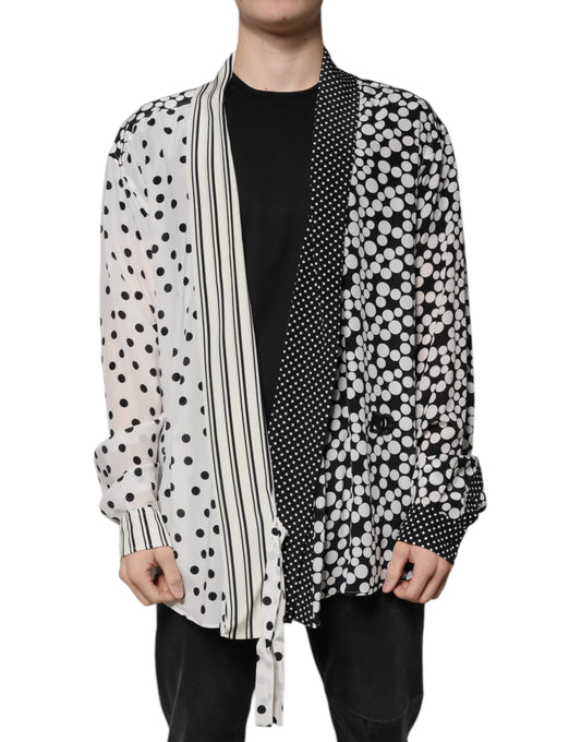 Schwarz-weißes Polka Dots Seidenhemd für Herren