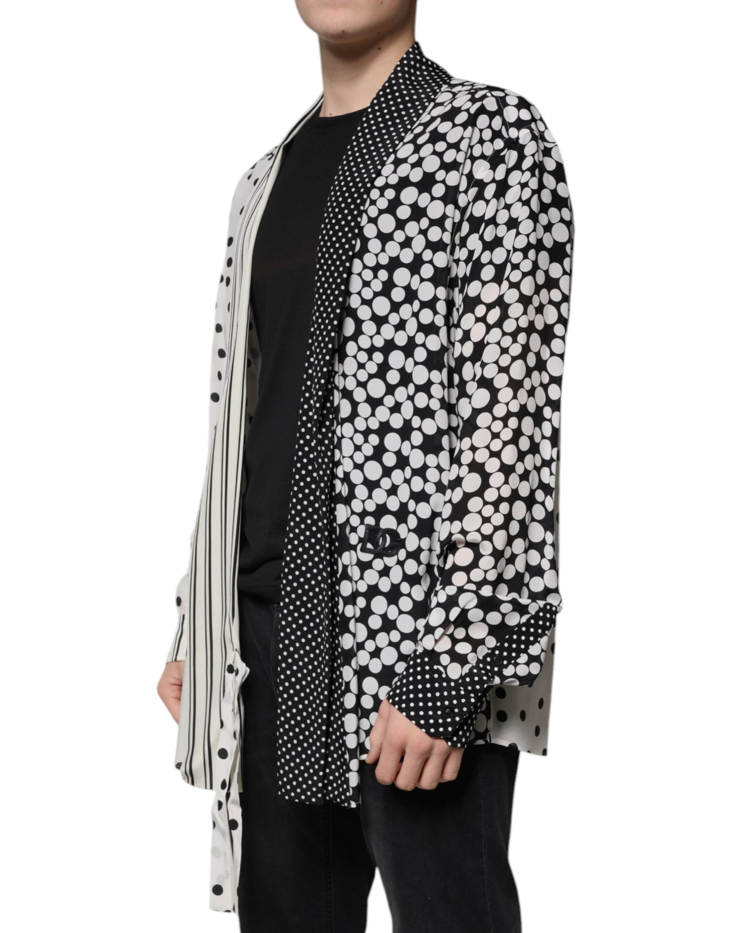Schwarz-weißes Polka Dots Seidenhemd für Herren