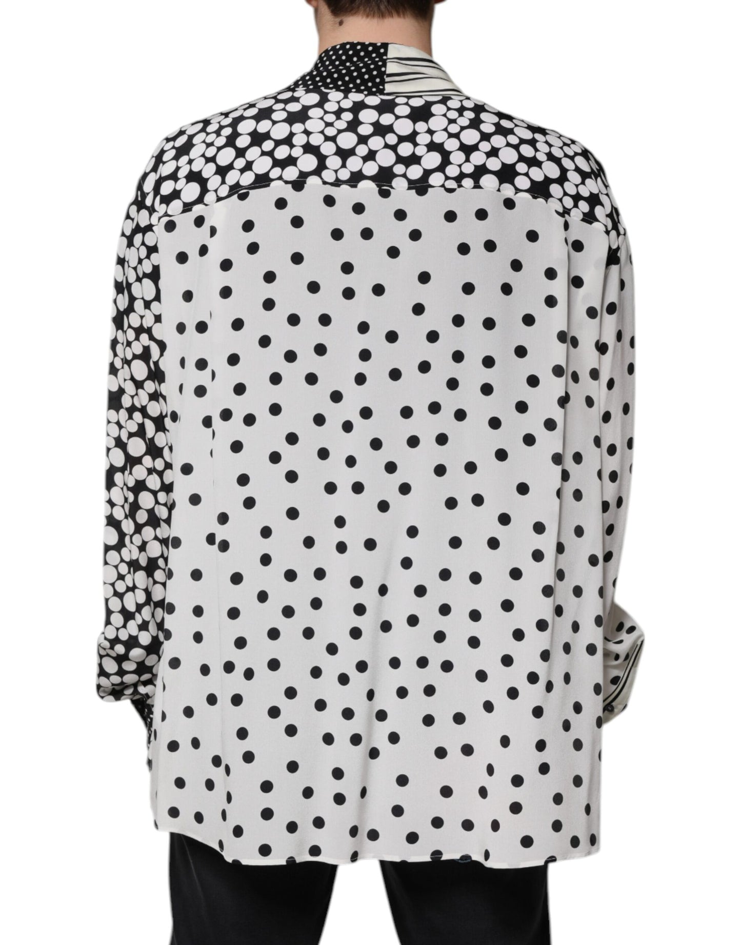 Schwarz-weißes Polka Dots Seidenhemd für Herren