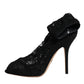 Black Lace Stretch Heels Mid Calf Boots Shoes