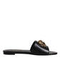 Black Leather Logo Plaque Slip On Slides Flats Shoes