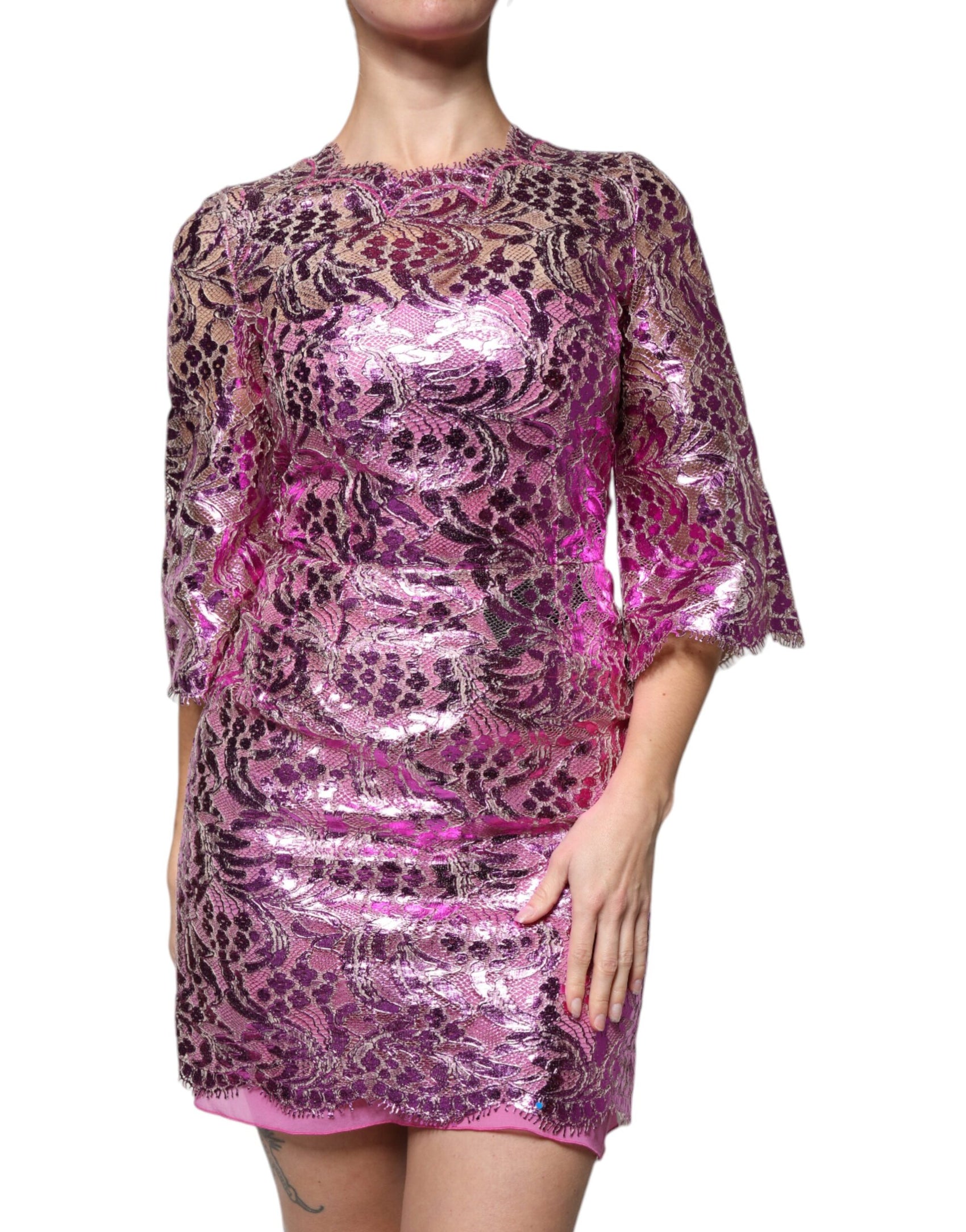 Mini abito tubino floreale fucsia metallizzato