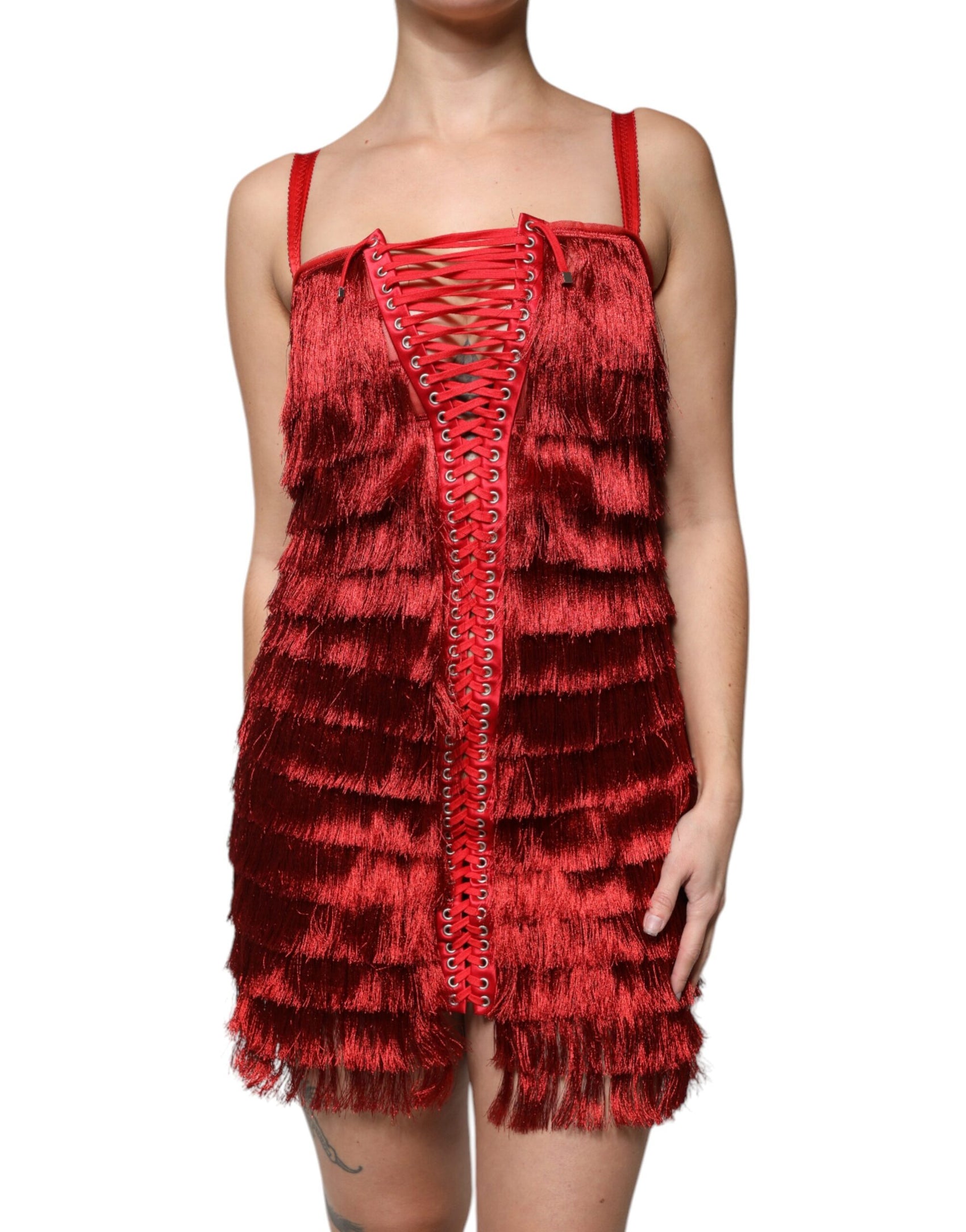 Mini abito senza maniche con nappe in pizzo rosso