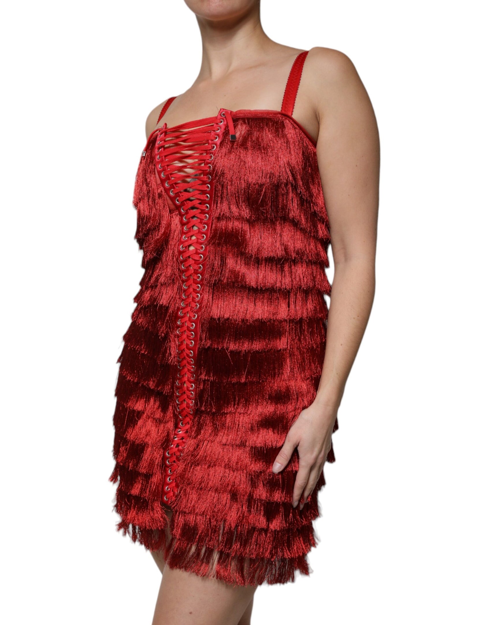 Mini abito senza maniche con nappe in pizzo rosso