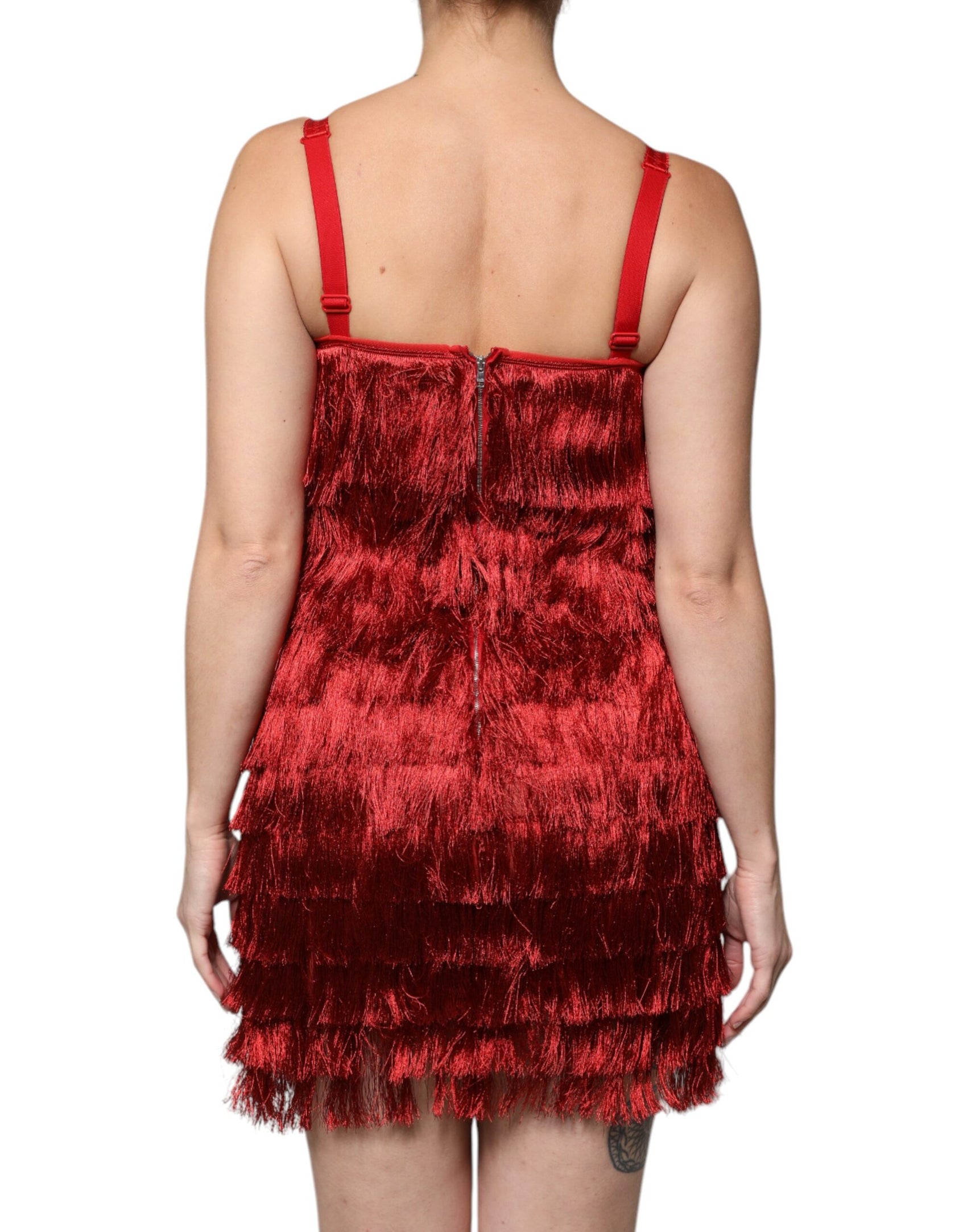 Mini abito senza maniche con nappe in pizzo rosso