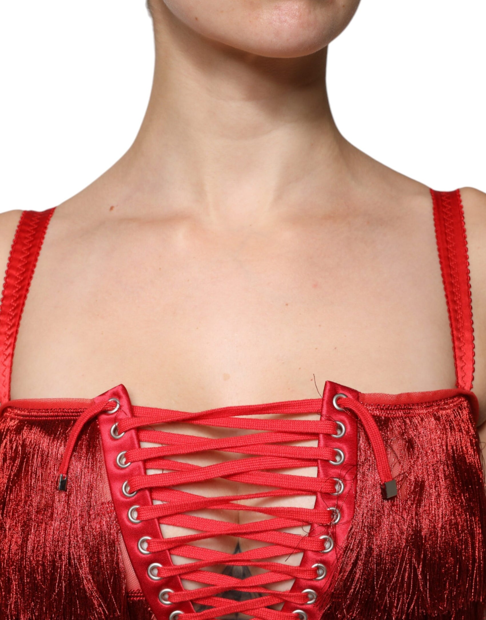 Mini abito senza maniche con nappe in pizzo rosso