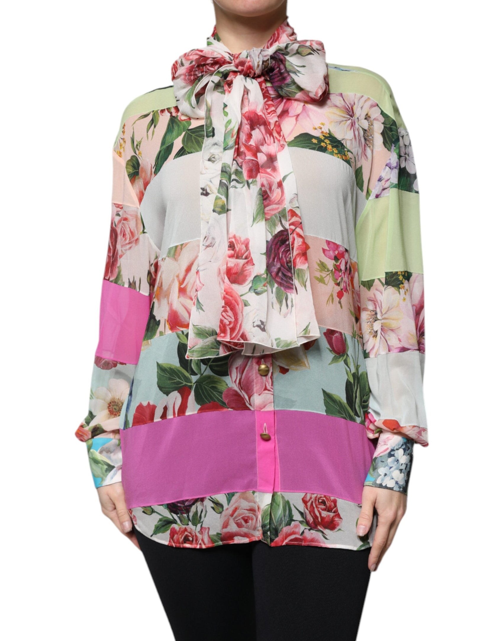 Top con collo ascot patchwork floreale multicolore
