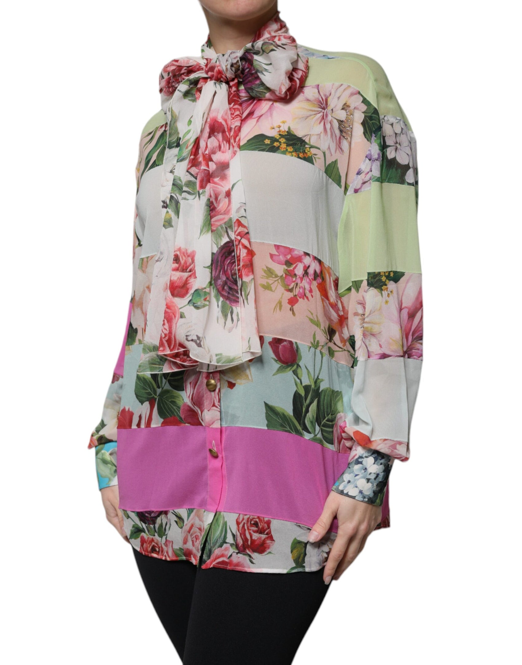 Top con collo ascot patchwork floreale multicolore