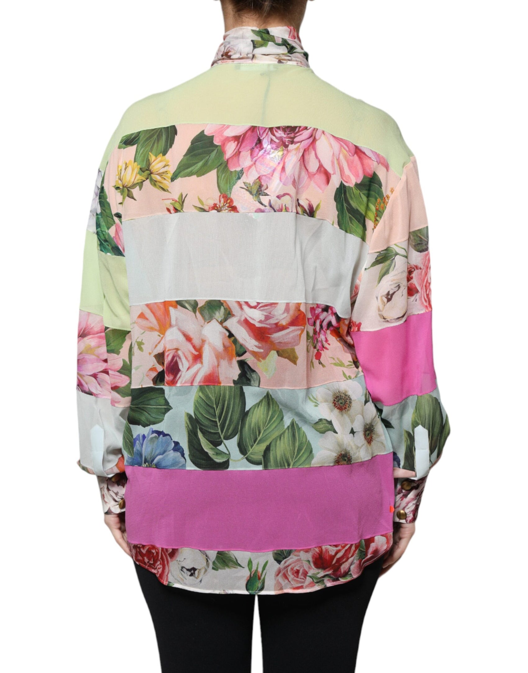 Top con collo ascot patchwork floreale multicolore