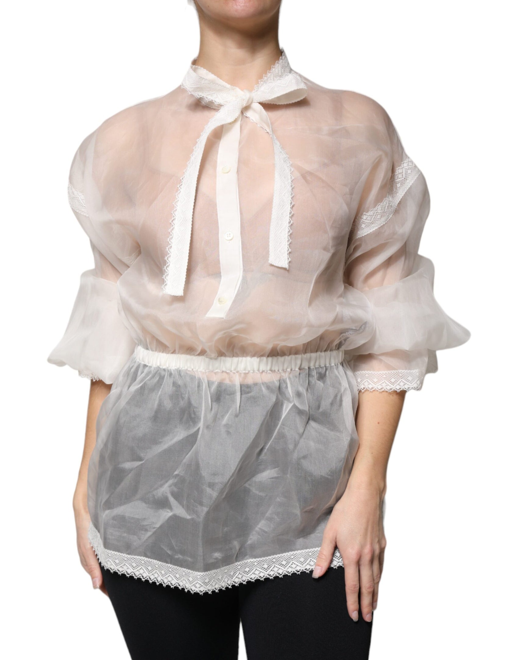 Top camicetta a maniche lunghe con colletto ascot bianco