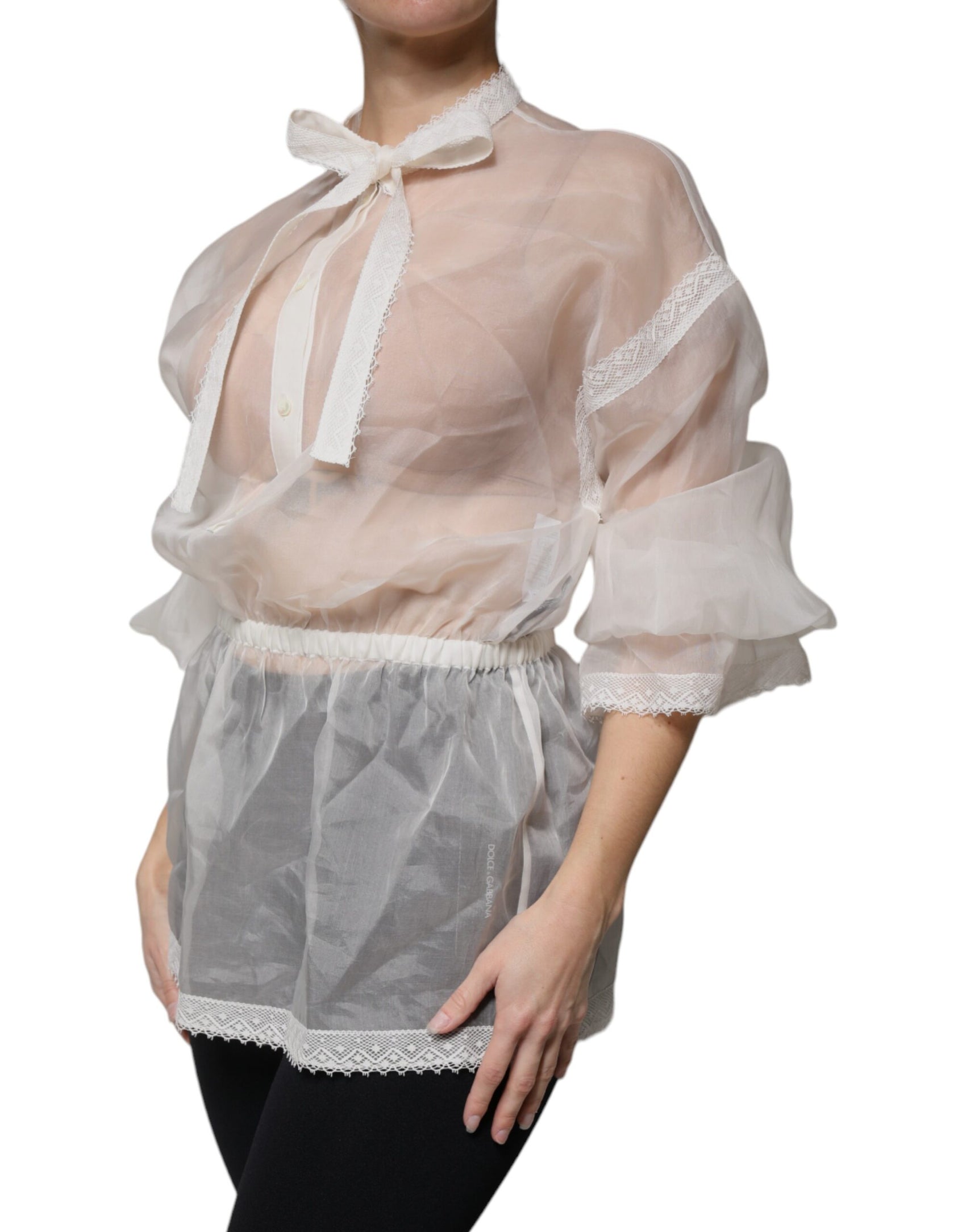 Top camicetta a maniche lunghe con colletto ascot bianco
