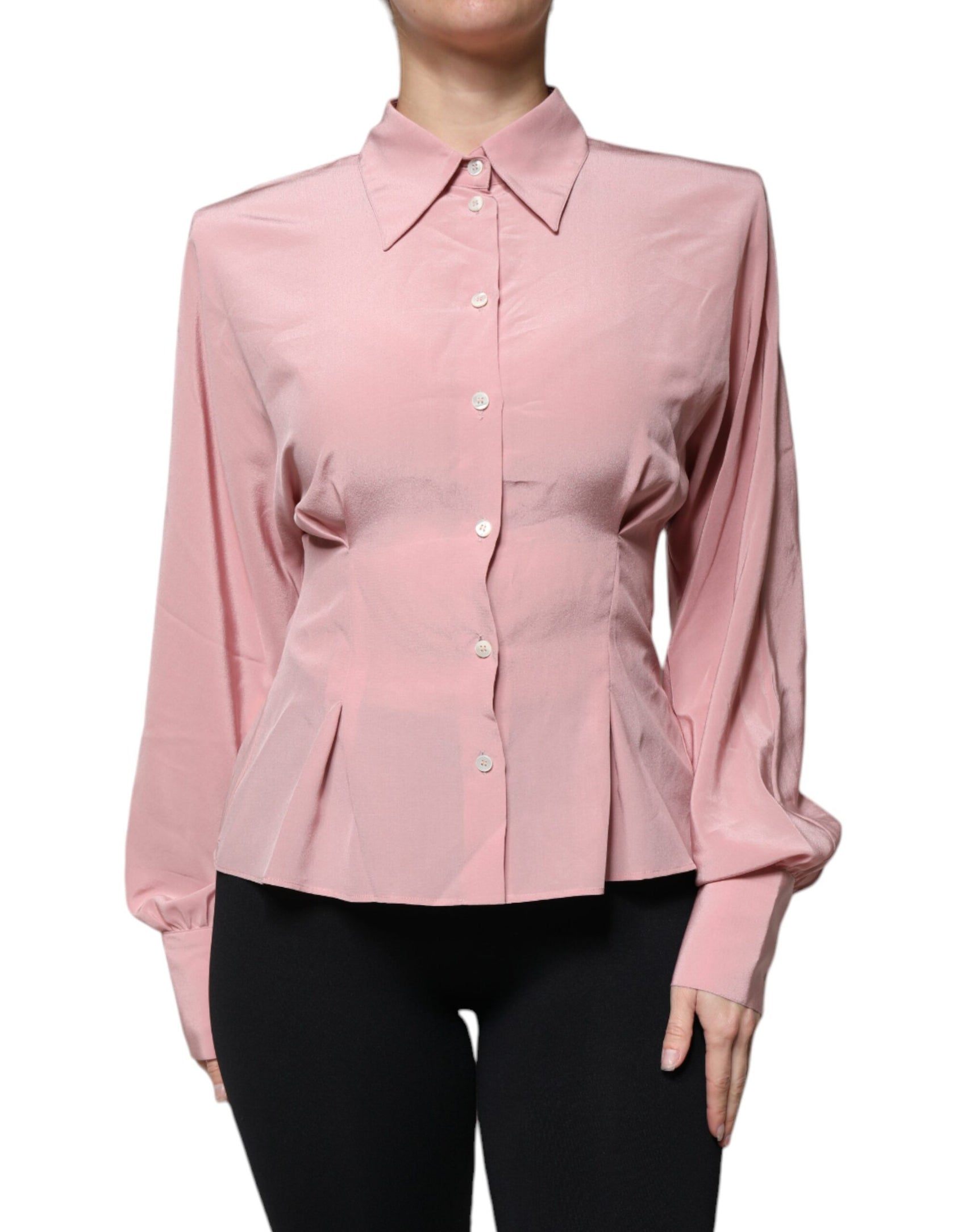 Top camicetta con colletto a maniche lunghe in cotone rosa