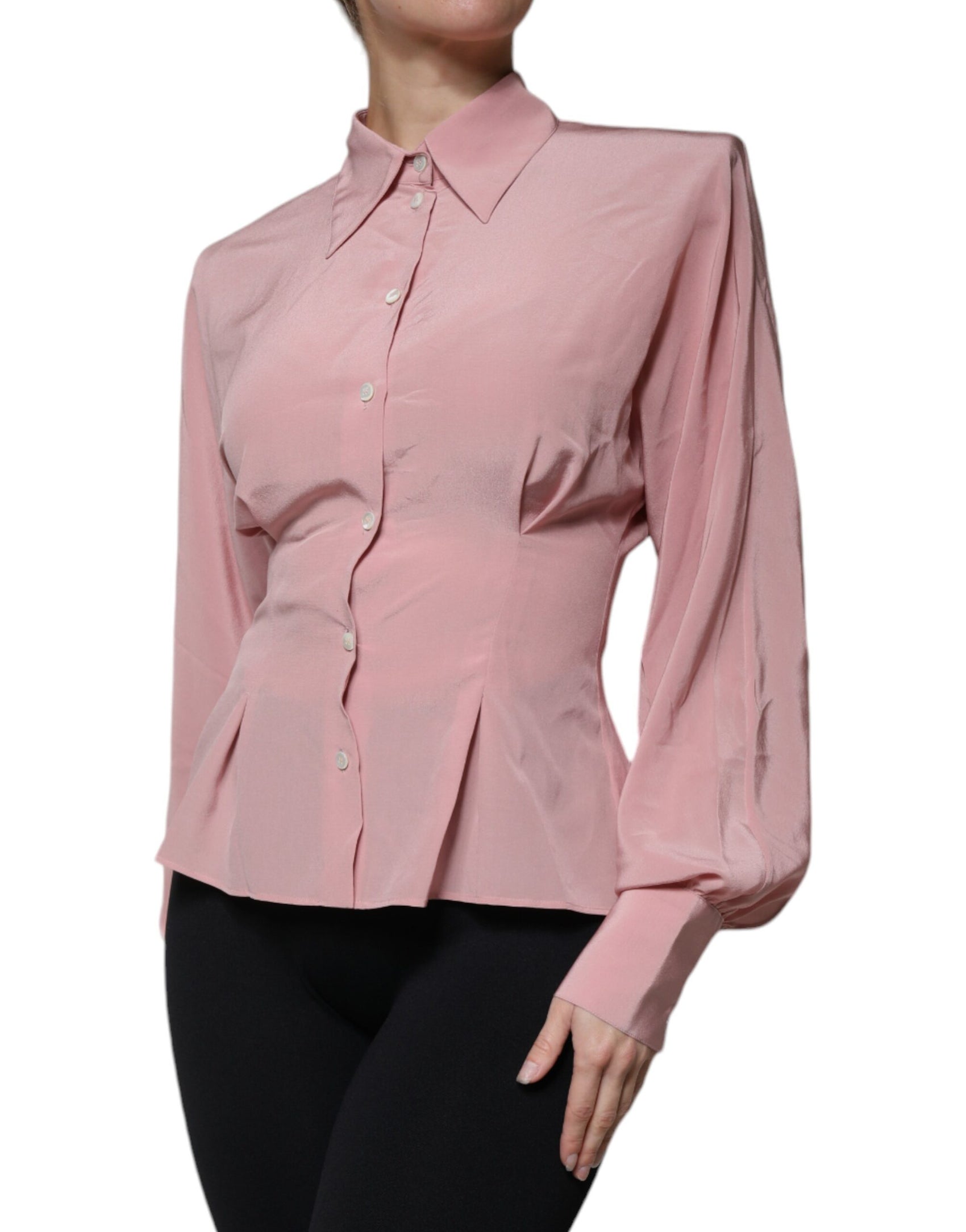Top camicetta con colletto a maniche lunghe in cotone rosa