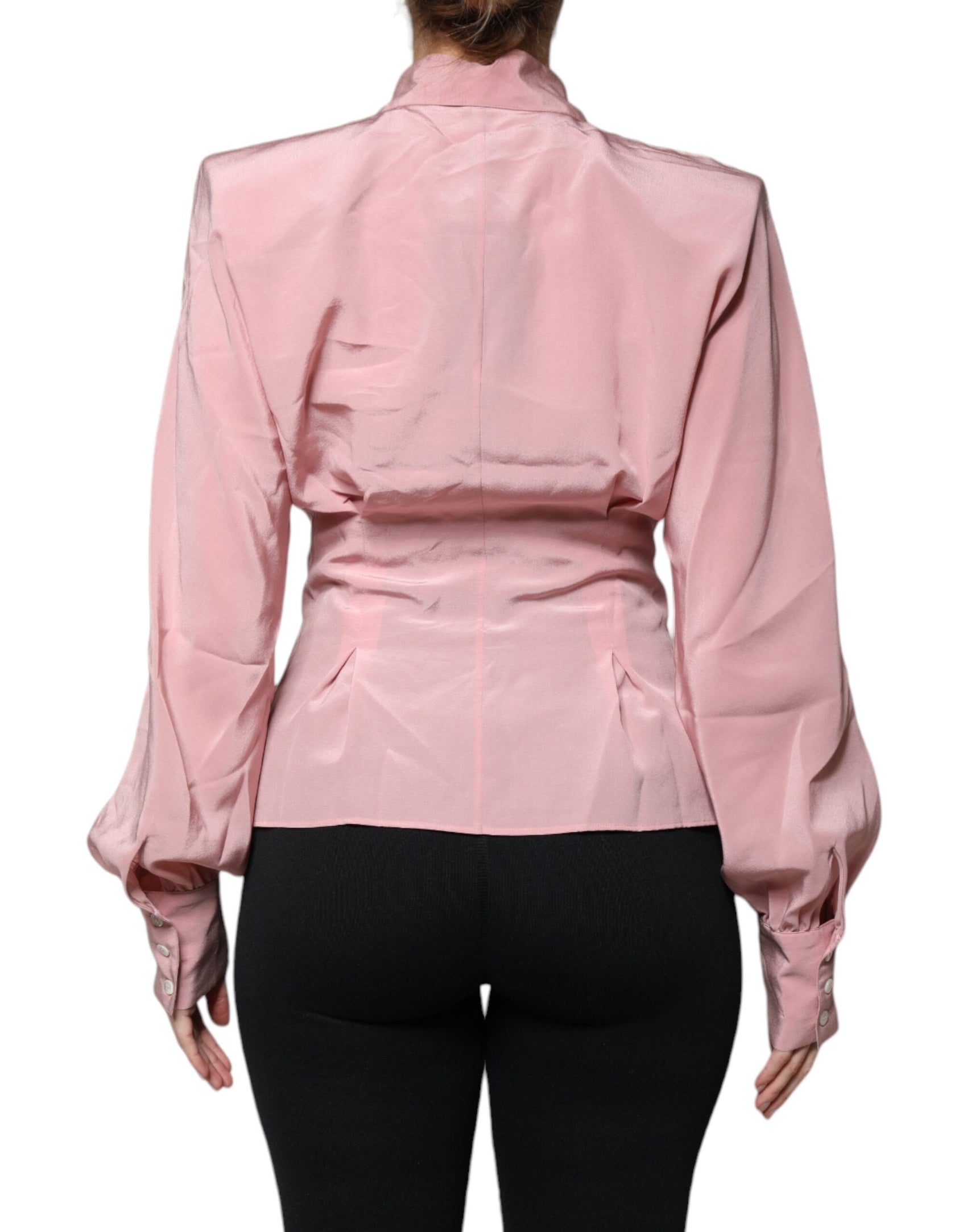 Top camicetta con colletto a maniche lunghe in cotone rosa