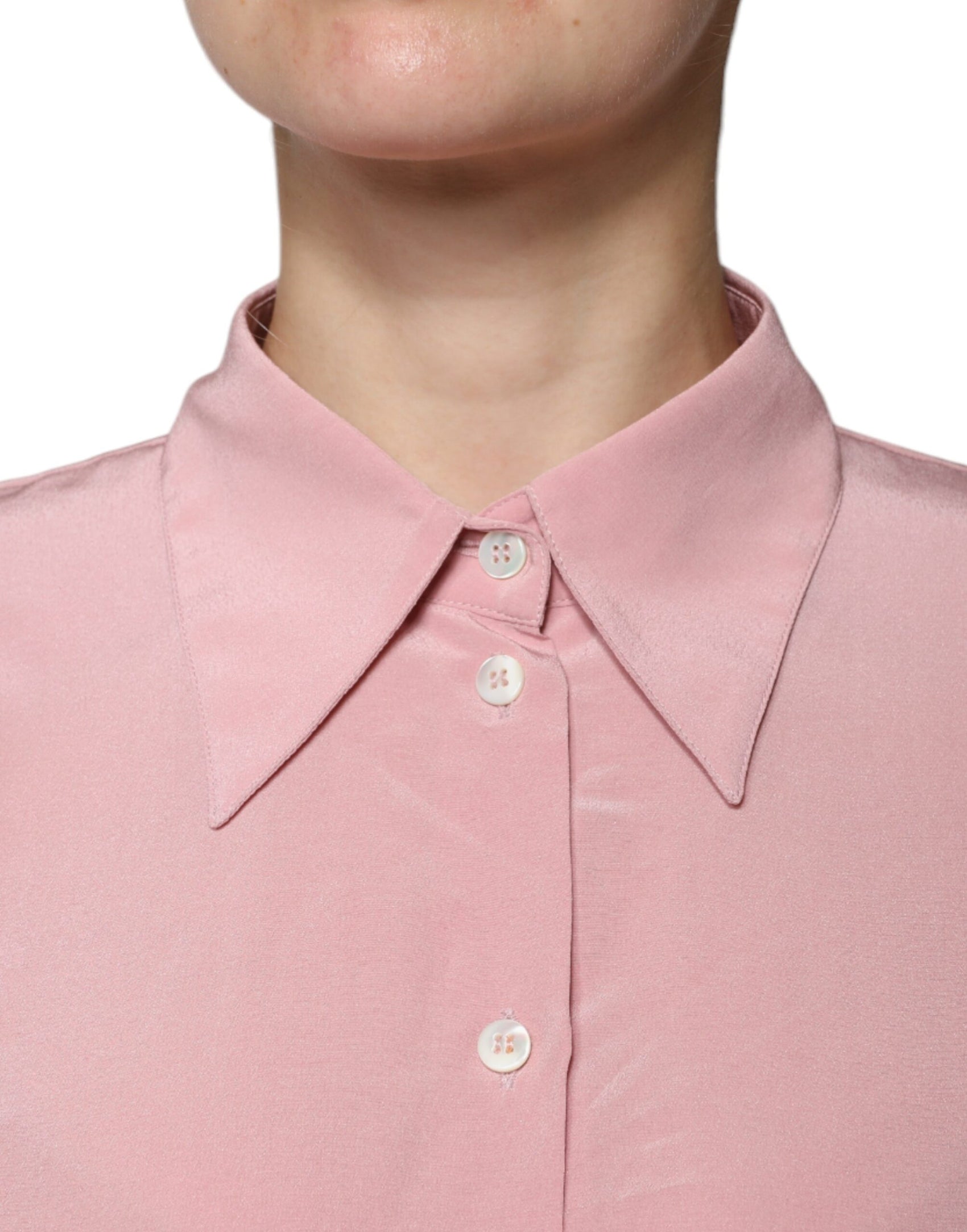 Top camicetta con colletto a maniche lunghe in cotone rosa