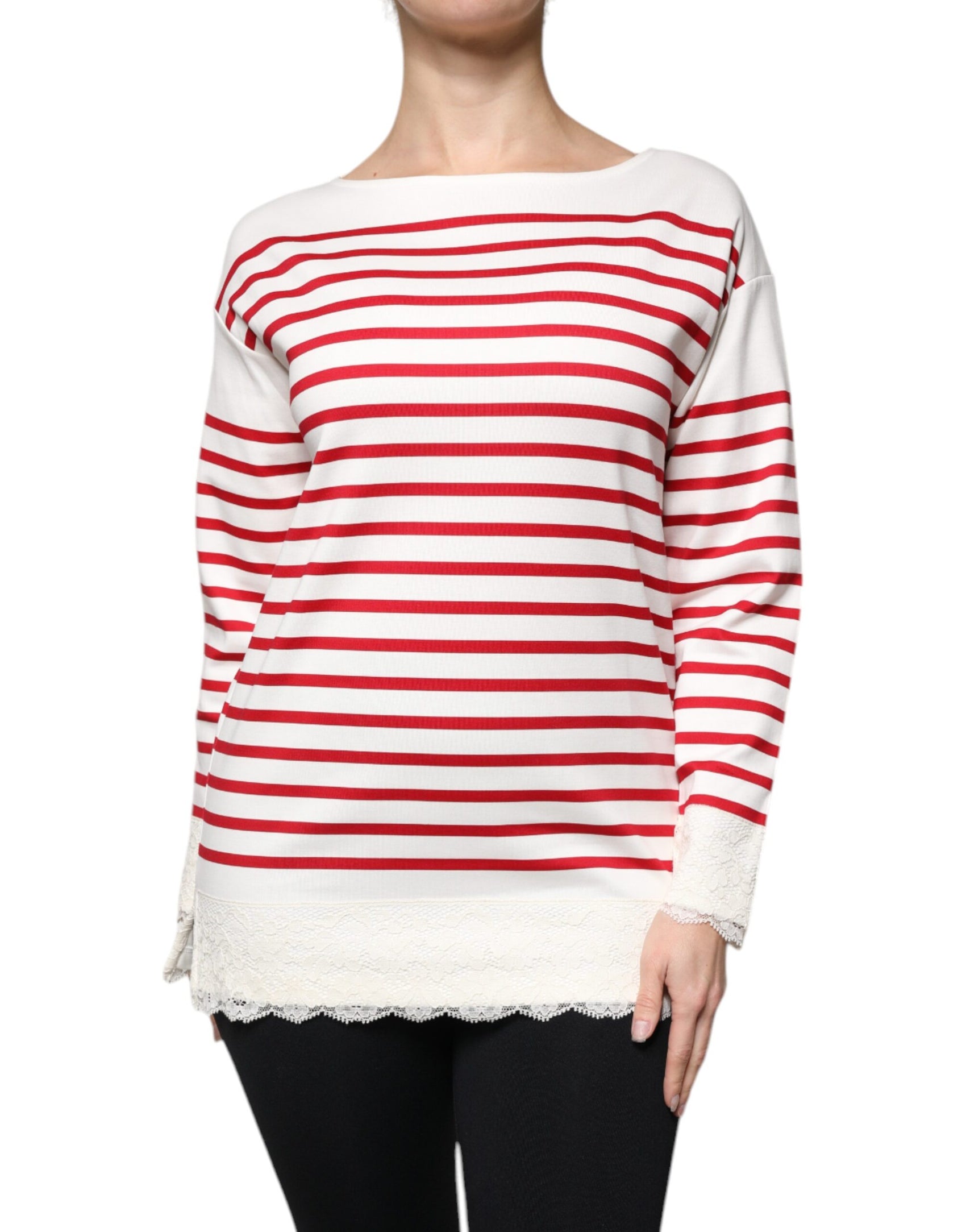 Maglia a maniche lunghe in cotone a righe bianche e rosse