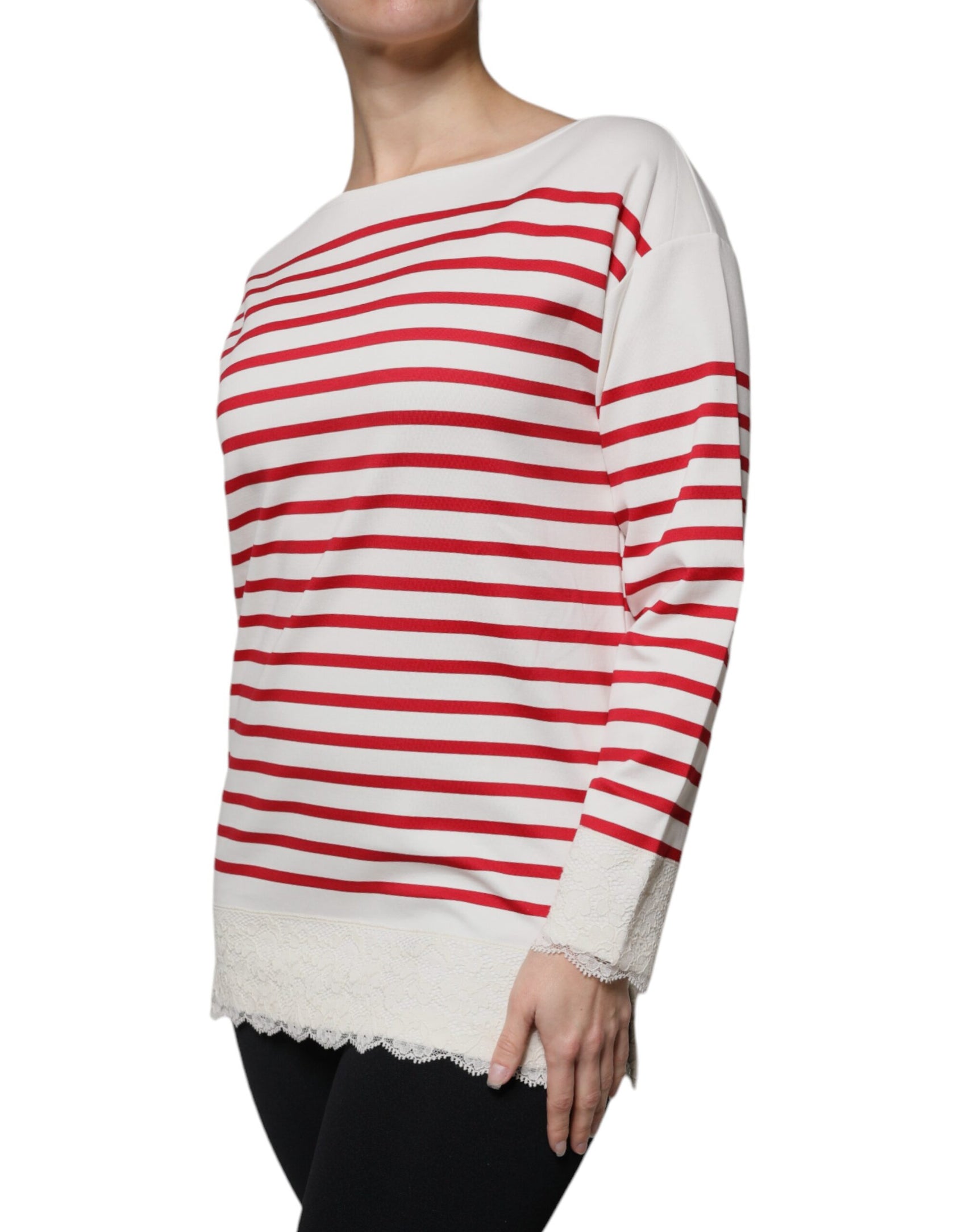 Maglia a maniche lunghe in cotone a righe bianche e rosse